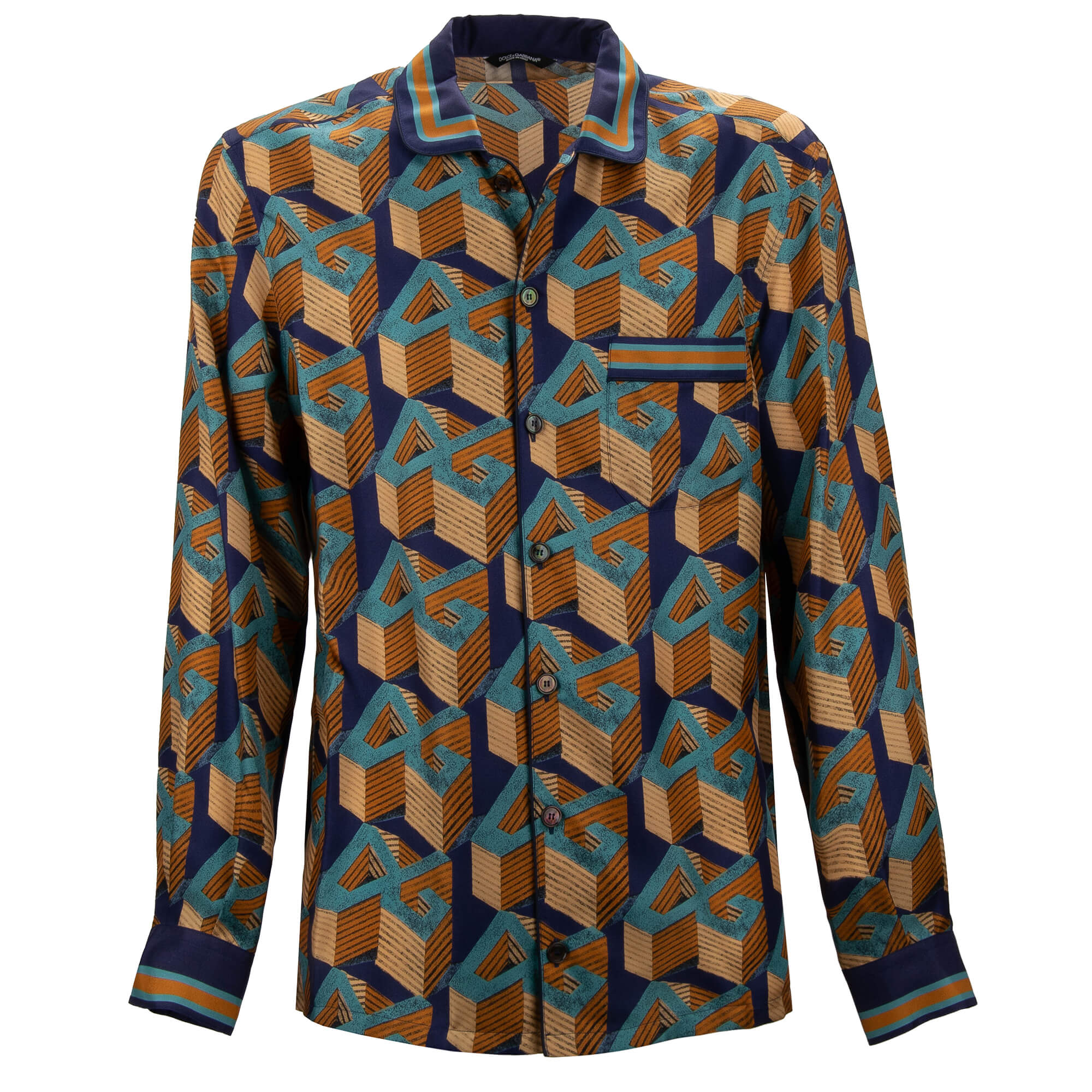DG Logo Geometric Print Wide Fit Silk Shirt Blue Beige