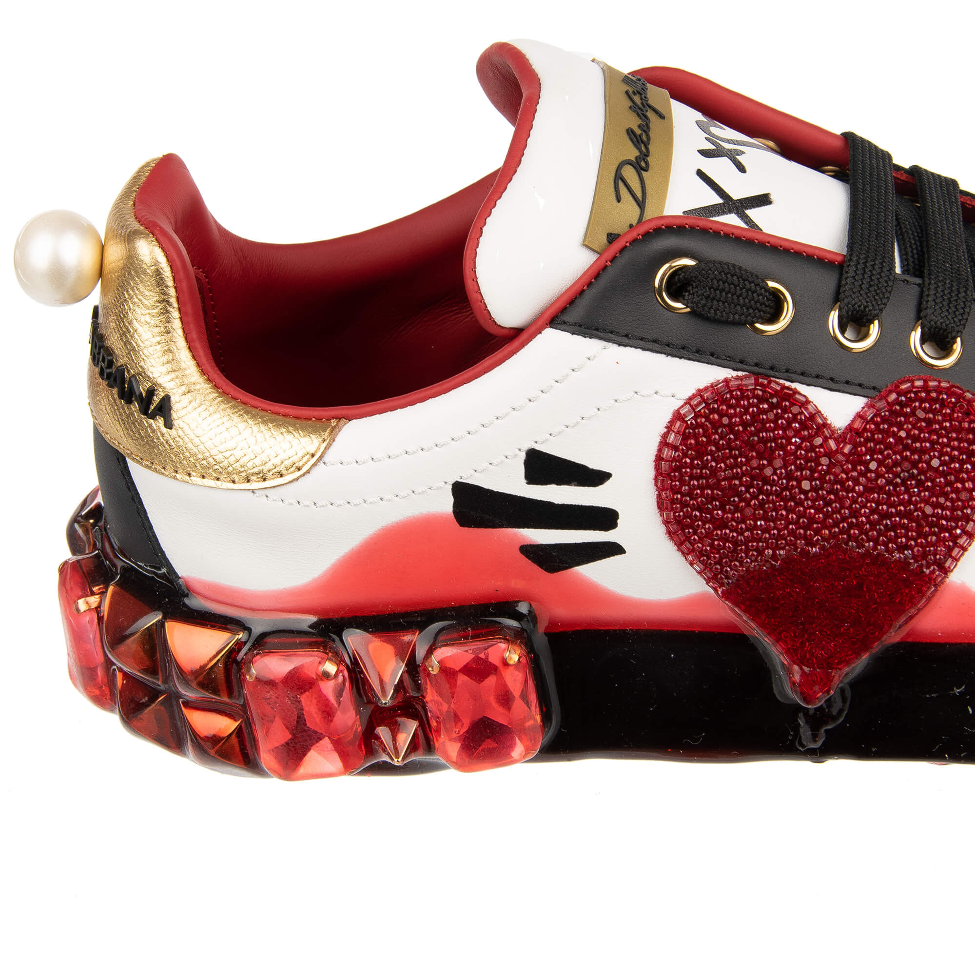 Leather Sneaker PORTOFINO with Pearls heart, studs, crystals, Royal Queen Graffiti and pearl on the back in black, gold, red and white by DOLCE & GABBANA