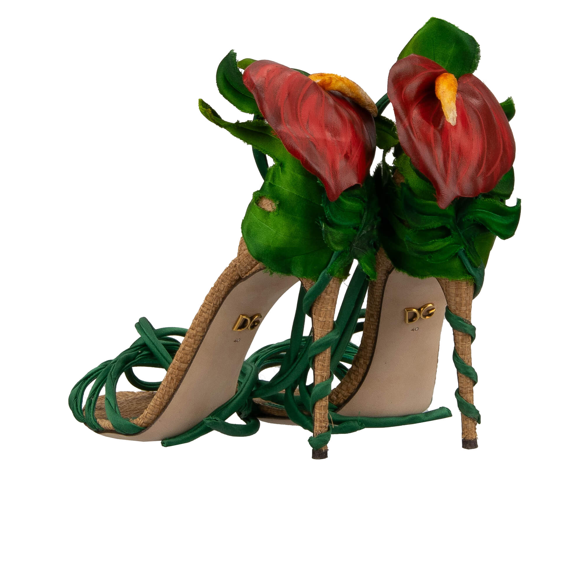 Leder, Seide und Raffia Pumps Sandalen KEIRA mit Hand-bemahlter Flamingo Blume und Riemchen von DOLCE & GABBANA