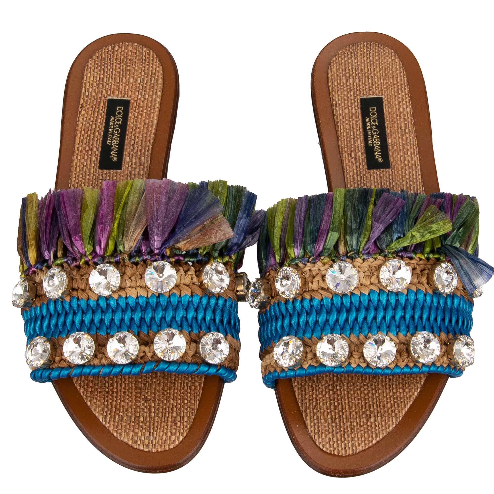Slide Sandalen aus Raffia und Leder mit Kristallen von DOLCE & GABBANA