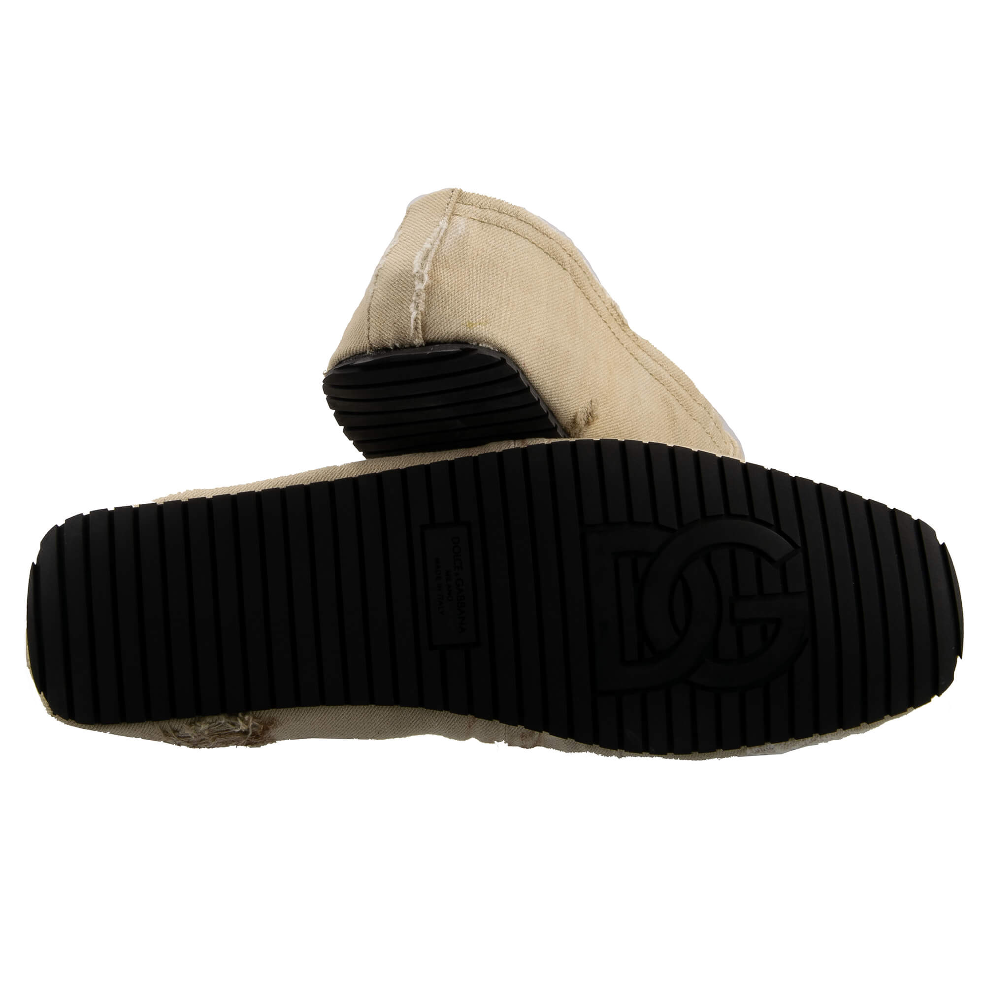 One of a kind destroyed effect denim fabric moccasins shoes NEW ZERO with DG Metal Logo Plate in beige by DOLCE & GABBANA