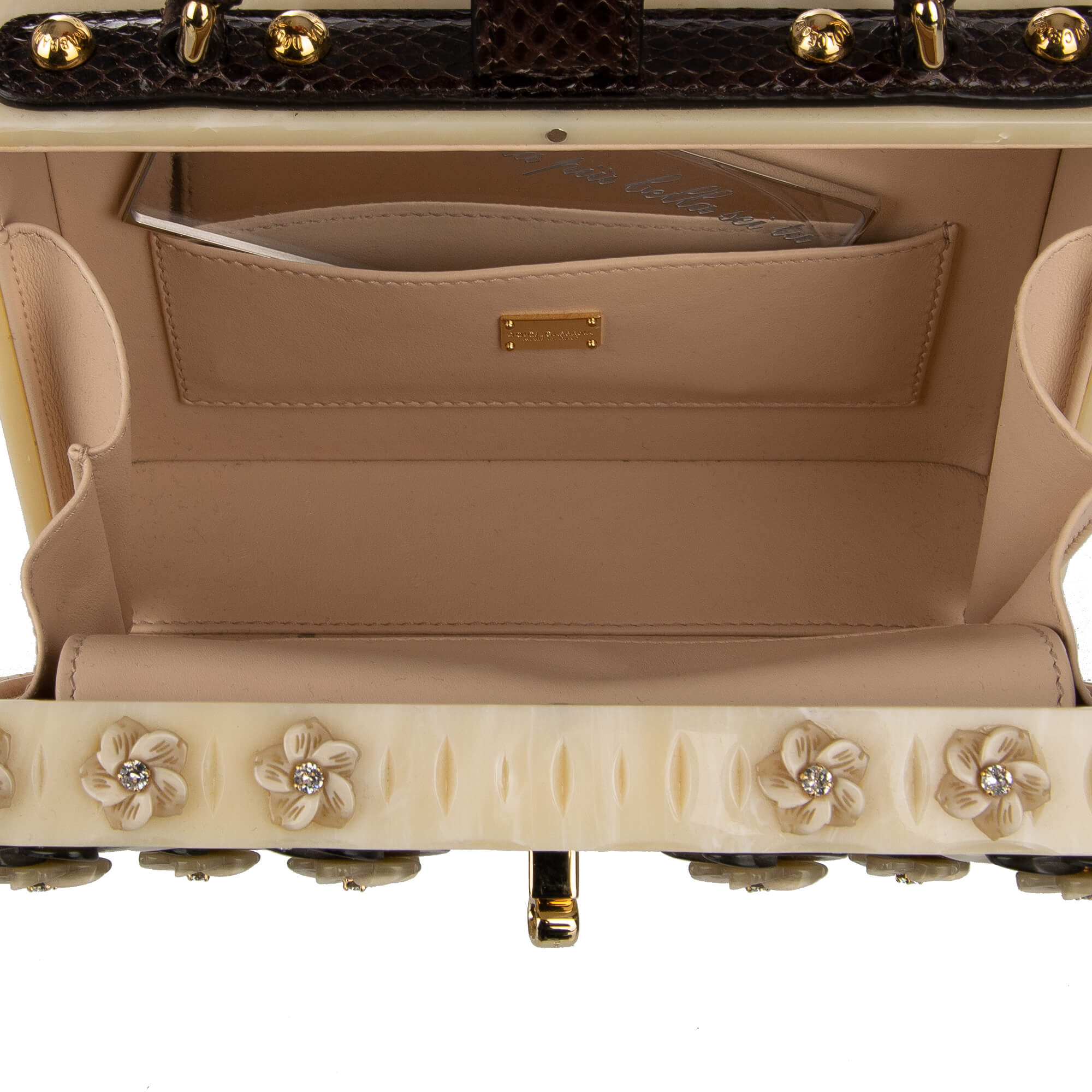 Handcrafted bag / shoulder bag / clutch DOLCE BOX with floral embellishments, crystals, snakeskin details and decorative padlock with enamel flower by DOLCE & GABBANA