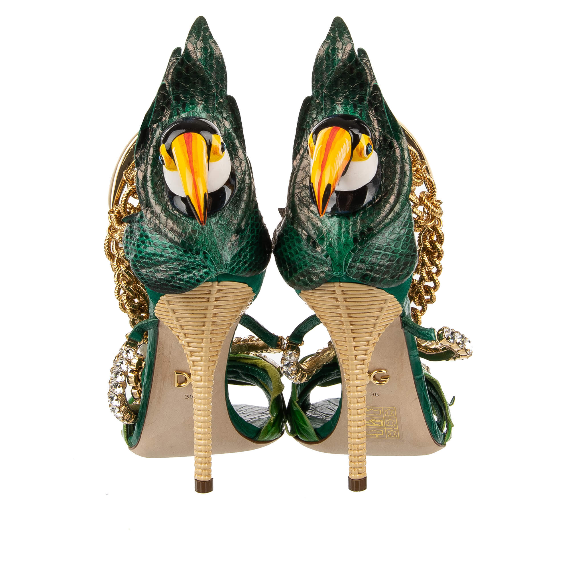 Tropische Pumps Sandalen KEIRA mit Hand bemahlten Elementen, Vogel, Zebra und Kristallen Ketten Riemchen in gold und grün von DOLCE & GABBANA