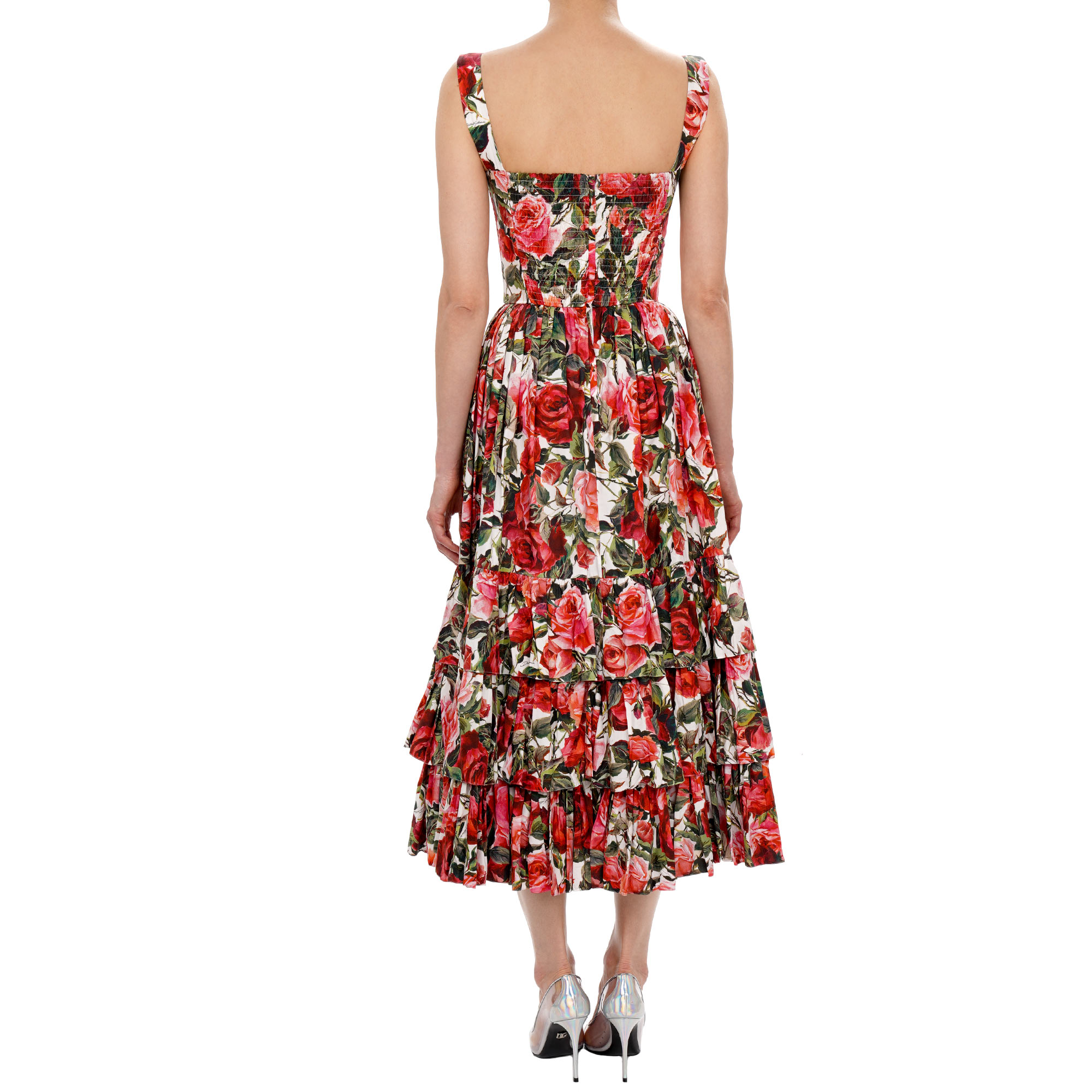 Langes Korsett Kleid aus Baumwolle mit Rosen Blumen Print in Weiß, Pink und Rot von DOLCE & GABBANA