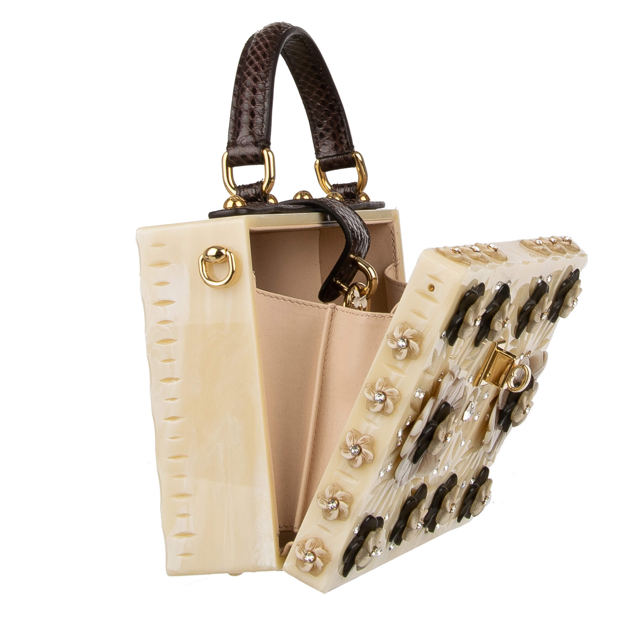 Handcrafted bag / shoulder bag / clutch DOLCE BOX with floral embellishments, crystals, snakeskin details and decorative padlock with enamel flower by DOLCE & GABBANA