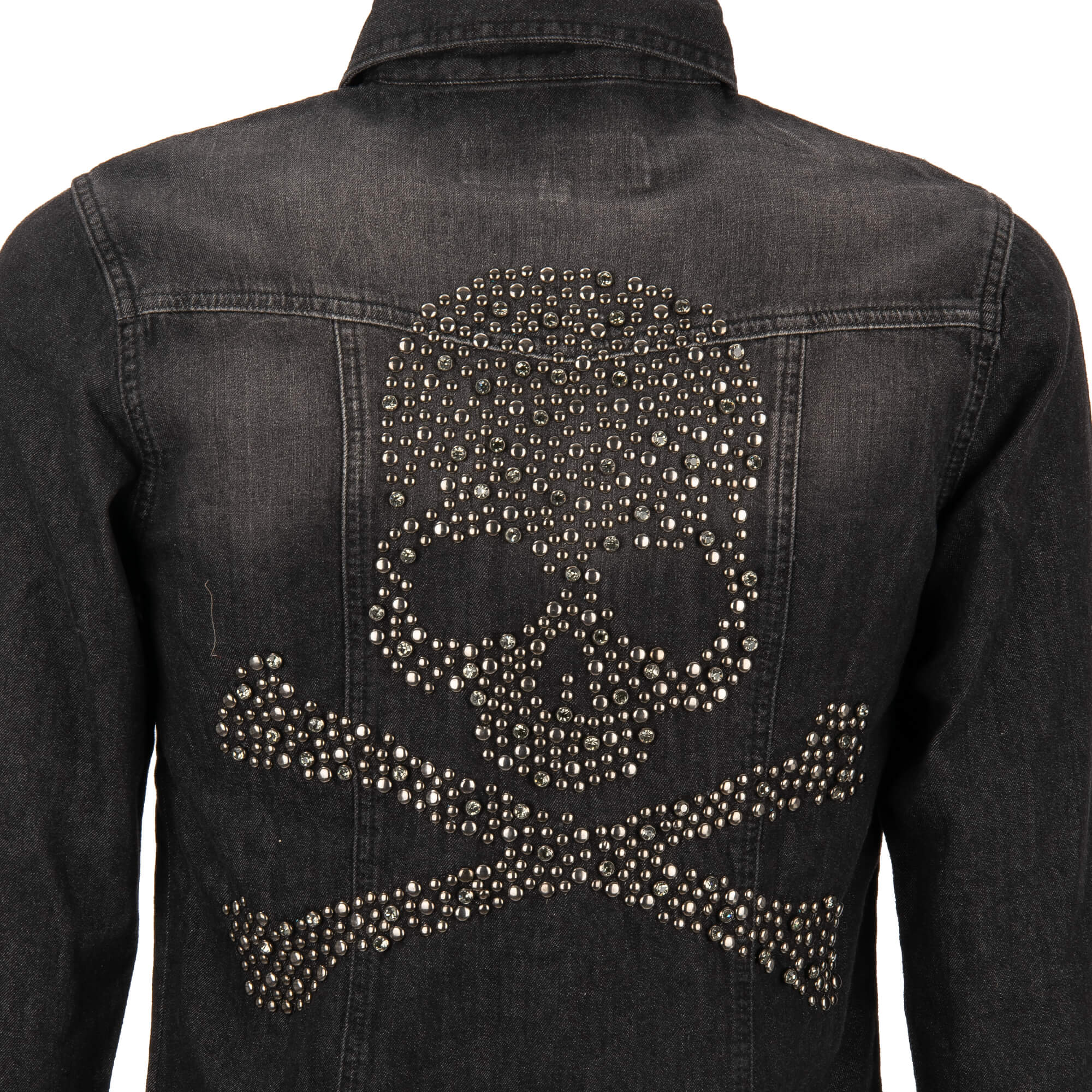 MARLON Jeans / Denim Hemd mit Kristall Perlen Skull und zwei Taschen vorne in Grau / Schwarz von PHILIPP PLEIN
