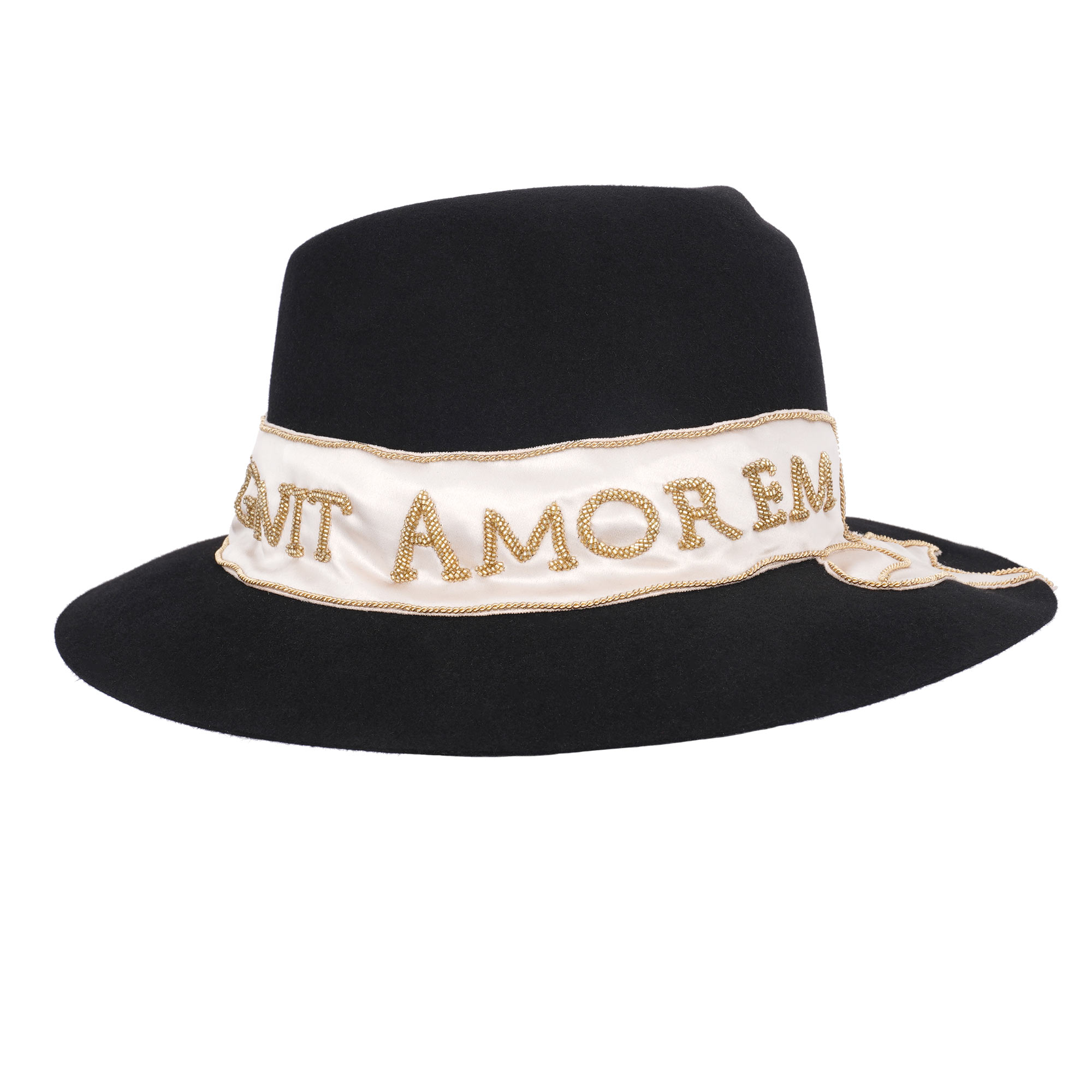 Rabbit fur Fedora Hat with AMOR GIGNIT AMOREM pearl embroidered silk ribbon by DOLCE & GABBANA 