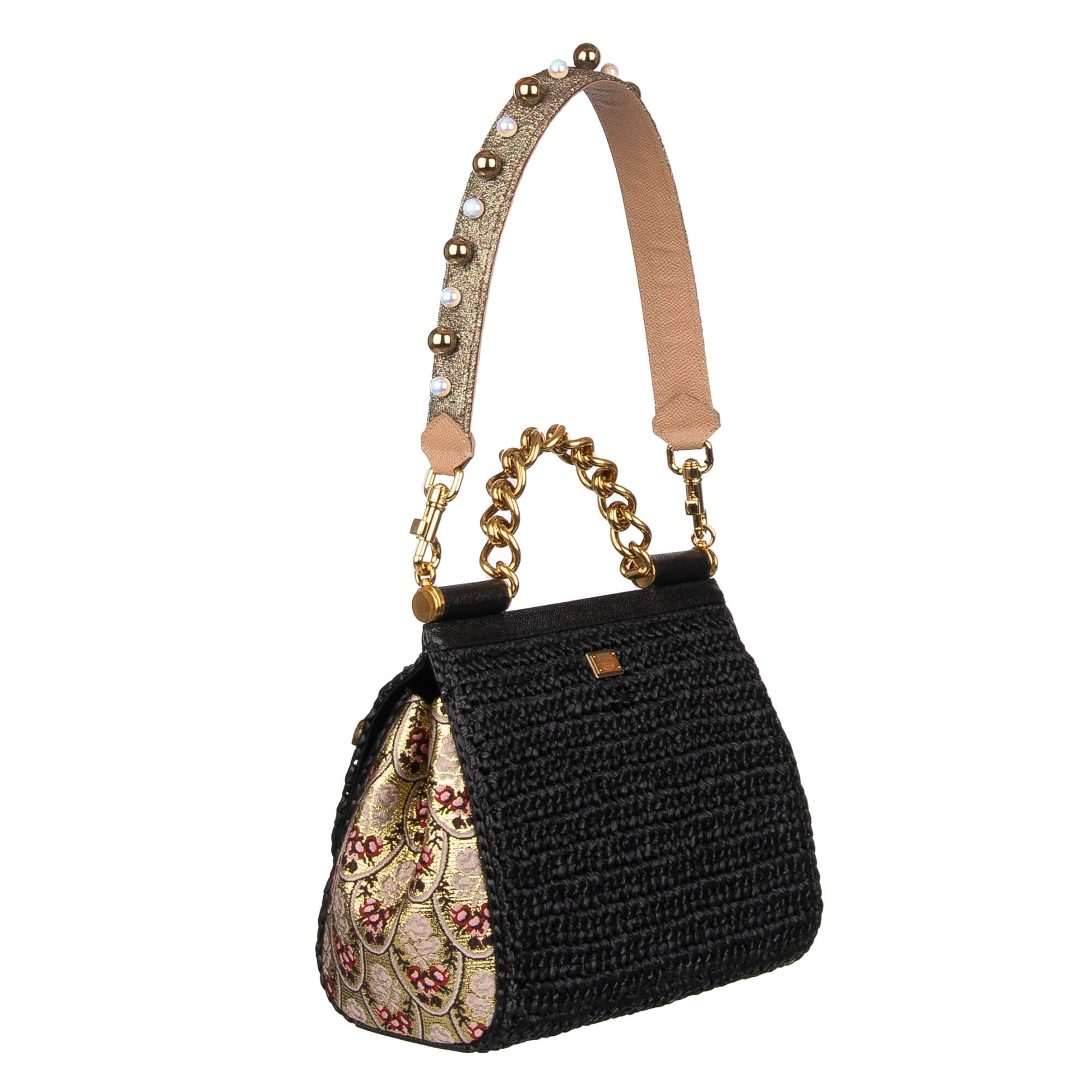 Schulterriemen für Tasche aus Dauphine-Leder und Lurex in Beige mit goldenen und weißen Kugeln-Perlen von DOLCE & GABBANA