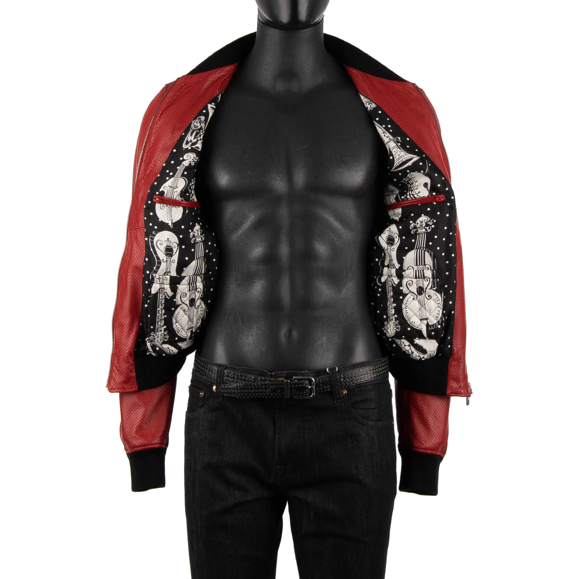 Leichte perforierte Lederjacke im Bomber-Stil aus Nappa Leder mit Kontrast Taille und Manschetten aus Strick von DOLCE & GABBANA