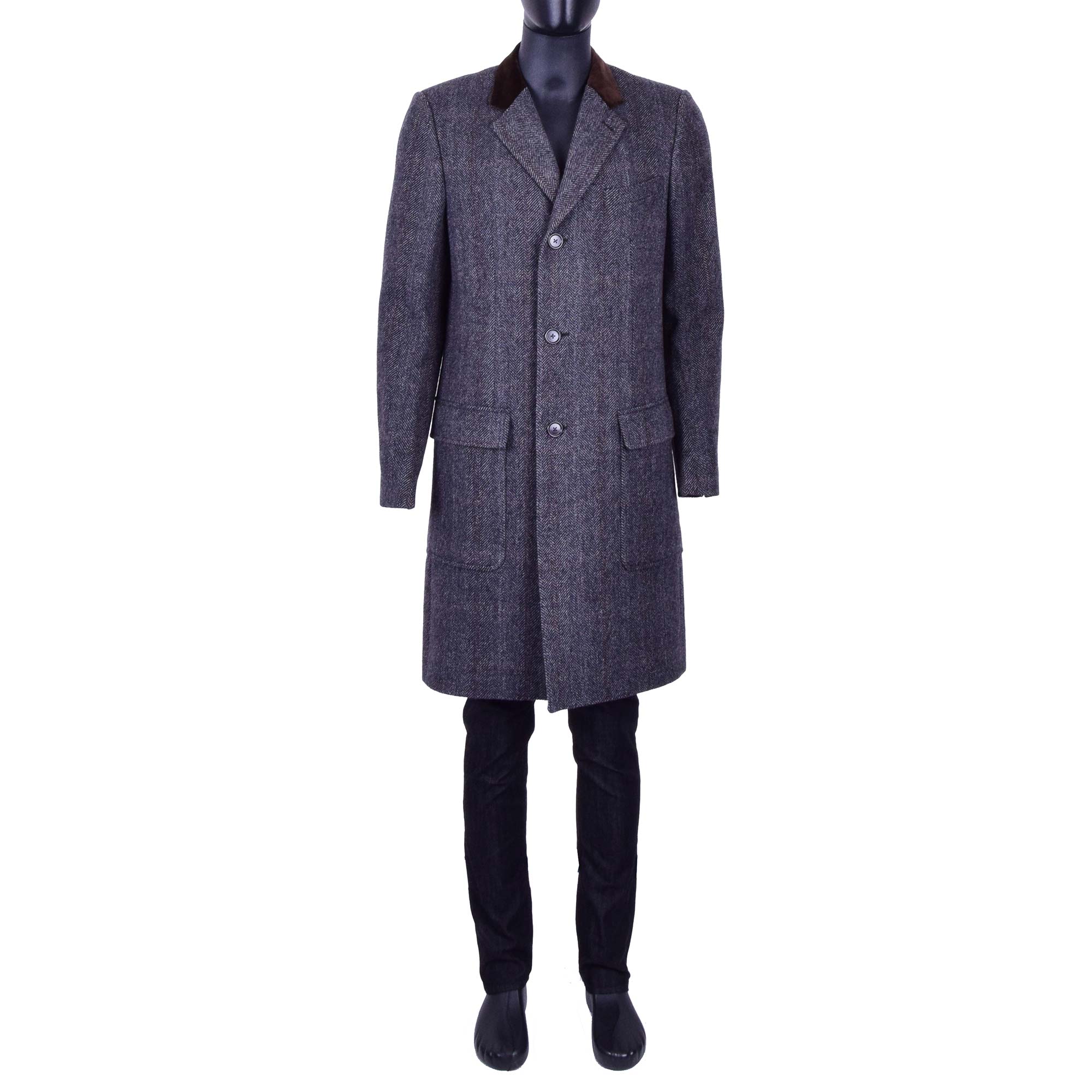 Houndstooth Virgin Wool Coat with Velvet Collar Brown Gray