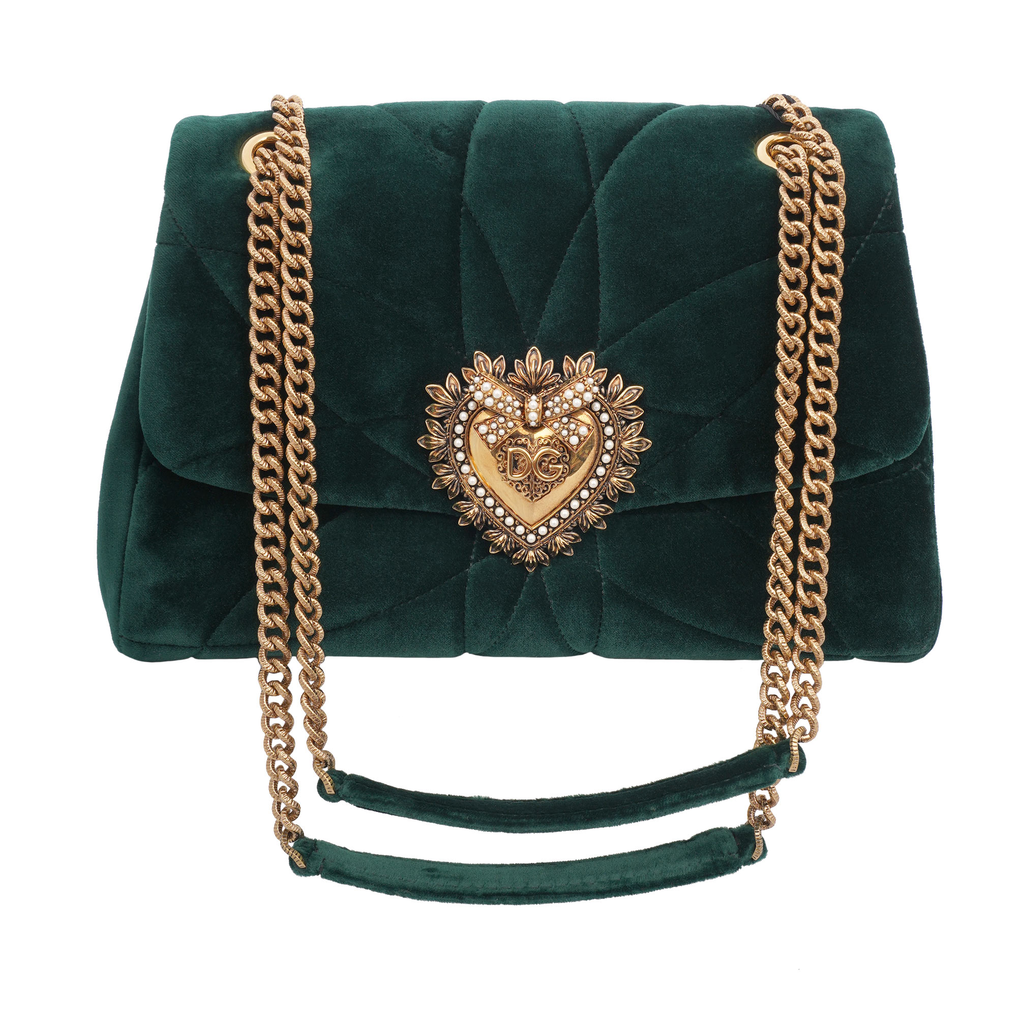 Velvet Shoulder Bag Medium DEVOTION DG Logo Pearl Heart Green