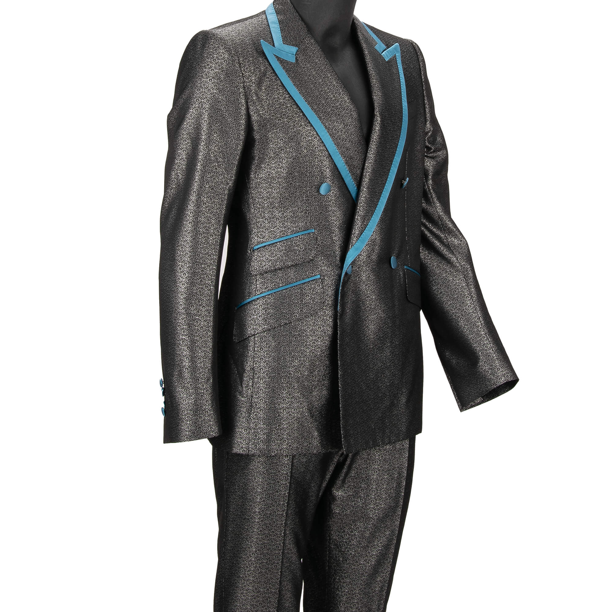 Metallic jacquard double-breasted suit with contrast peak lapel in silver, black and blue by DOLCE & GABBANA 