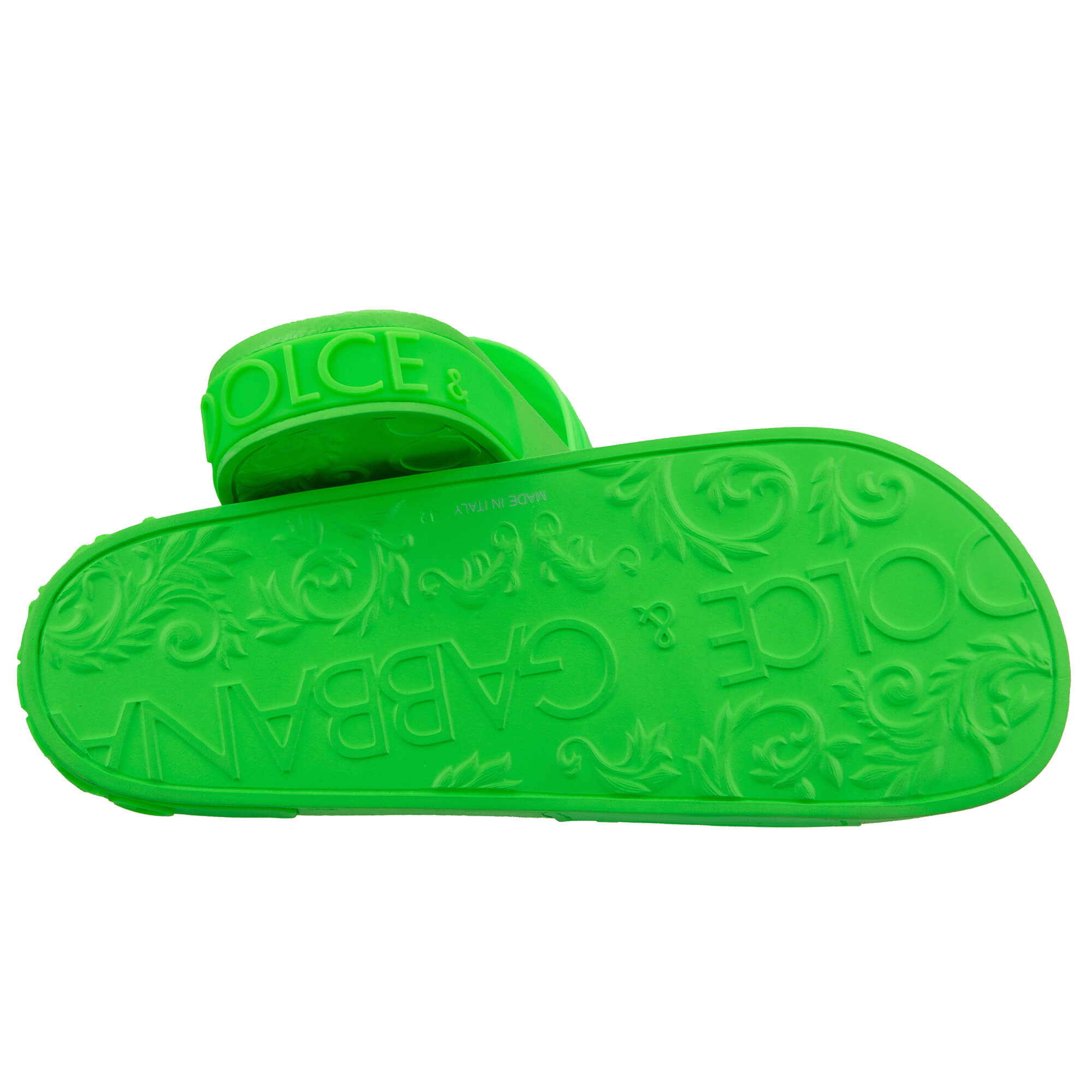 Slides Sandals with a D&G Front Logo and large Logo insert at the sole in neon green by DOLCE & GABBANA 
