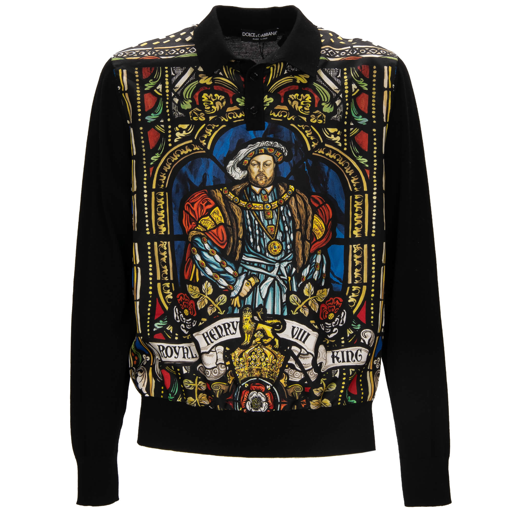Silk Wool Polo Sweater with Henry VIII Print Black 48 M
