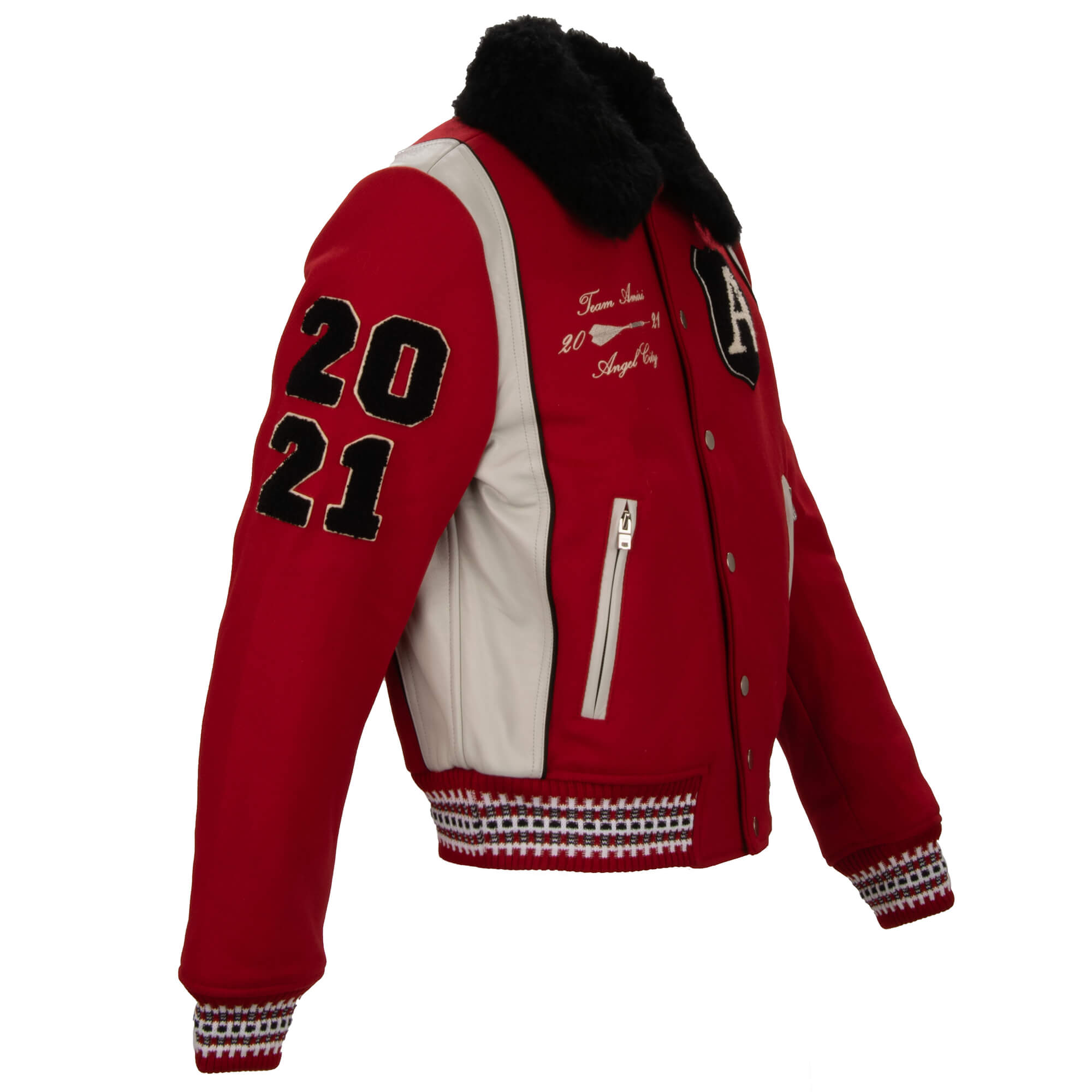 College Jacke ALWAYS ON POINT aus Wolle und Leder mit Logo, Stickerei, Patches, Taschen und abnehmbaren Pelzkragen von AMIRI