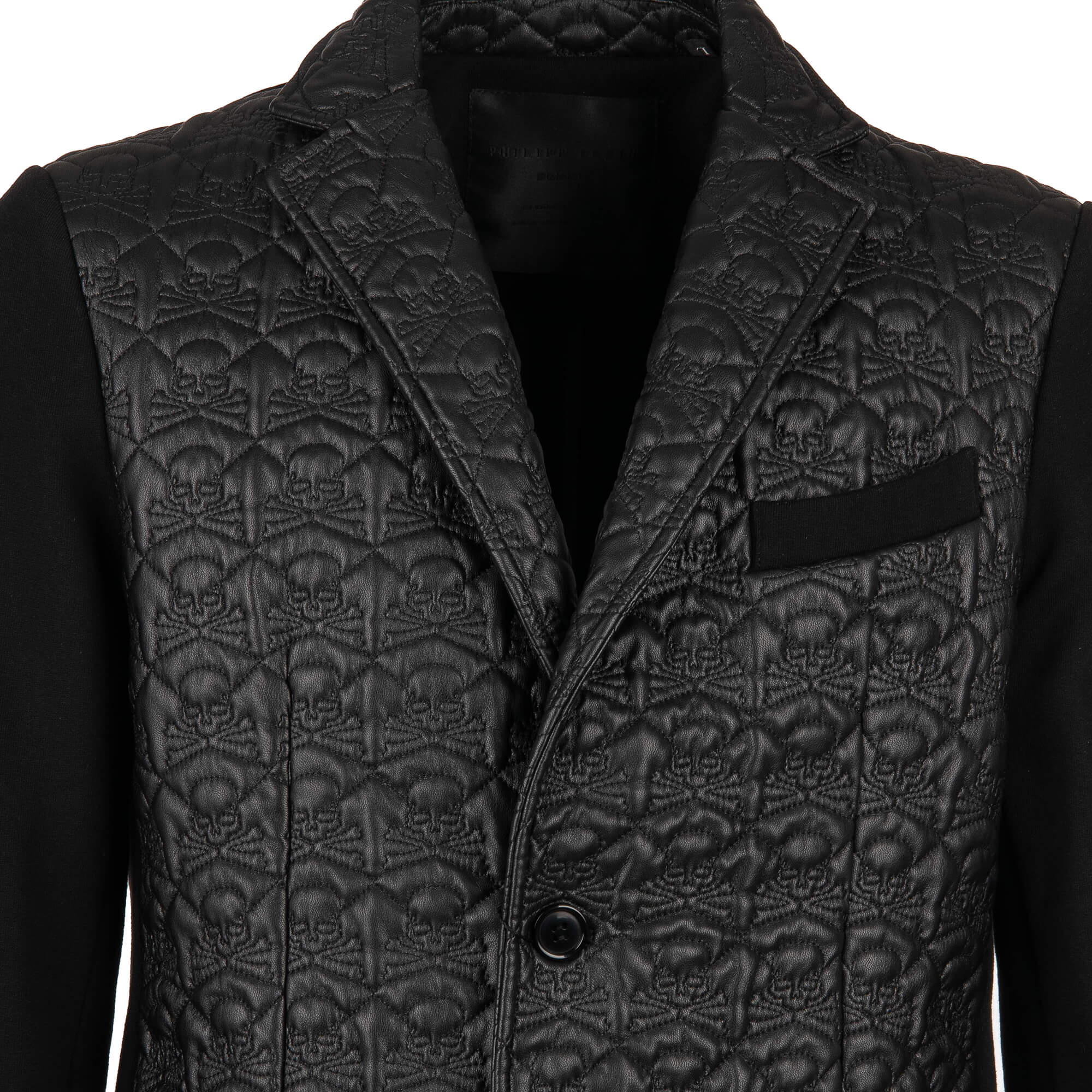 Jacket / Blazer SUE made of woven fabric and imitation leather with skull texture and large crystals skull at the back by PHILIPP PLEIN