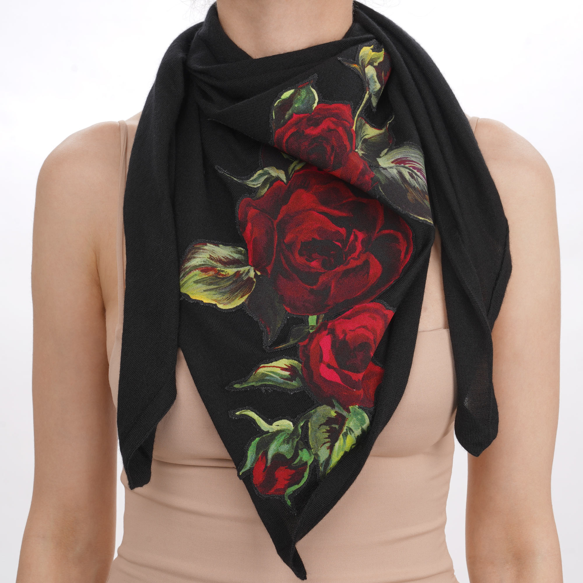 Silk Rose Cashmere Scarf Shawl Foulard Black Red