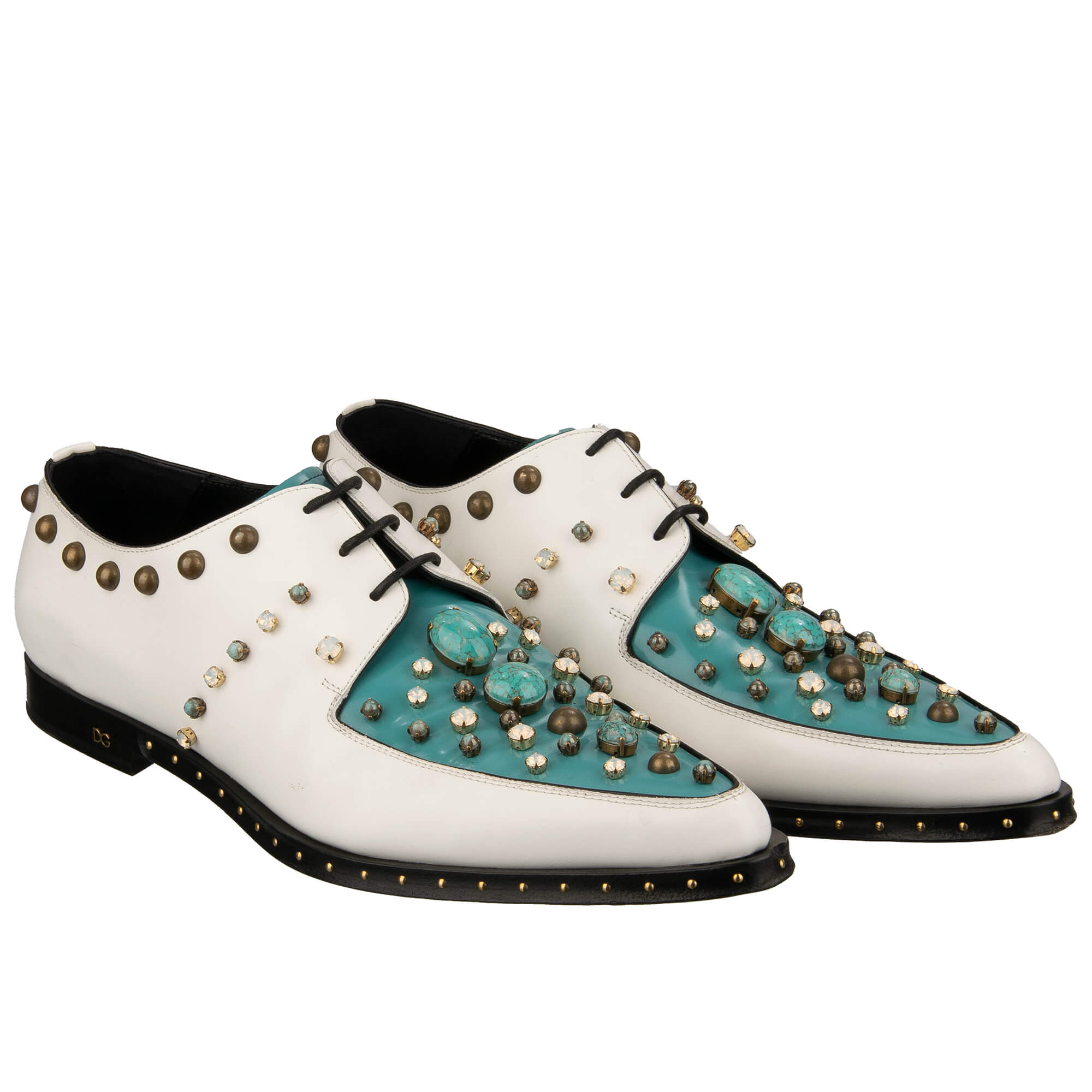Leder Derby Schuhe MILLENNIALS mit Kristallen und Nieten Weiß Blau 43 US 10