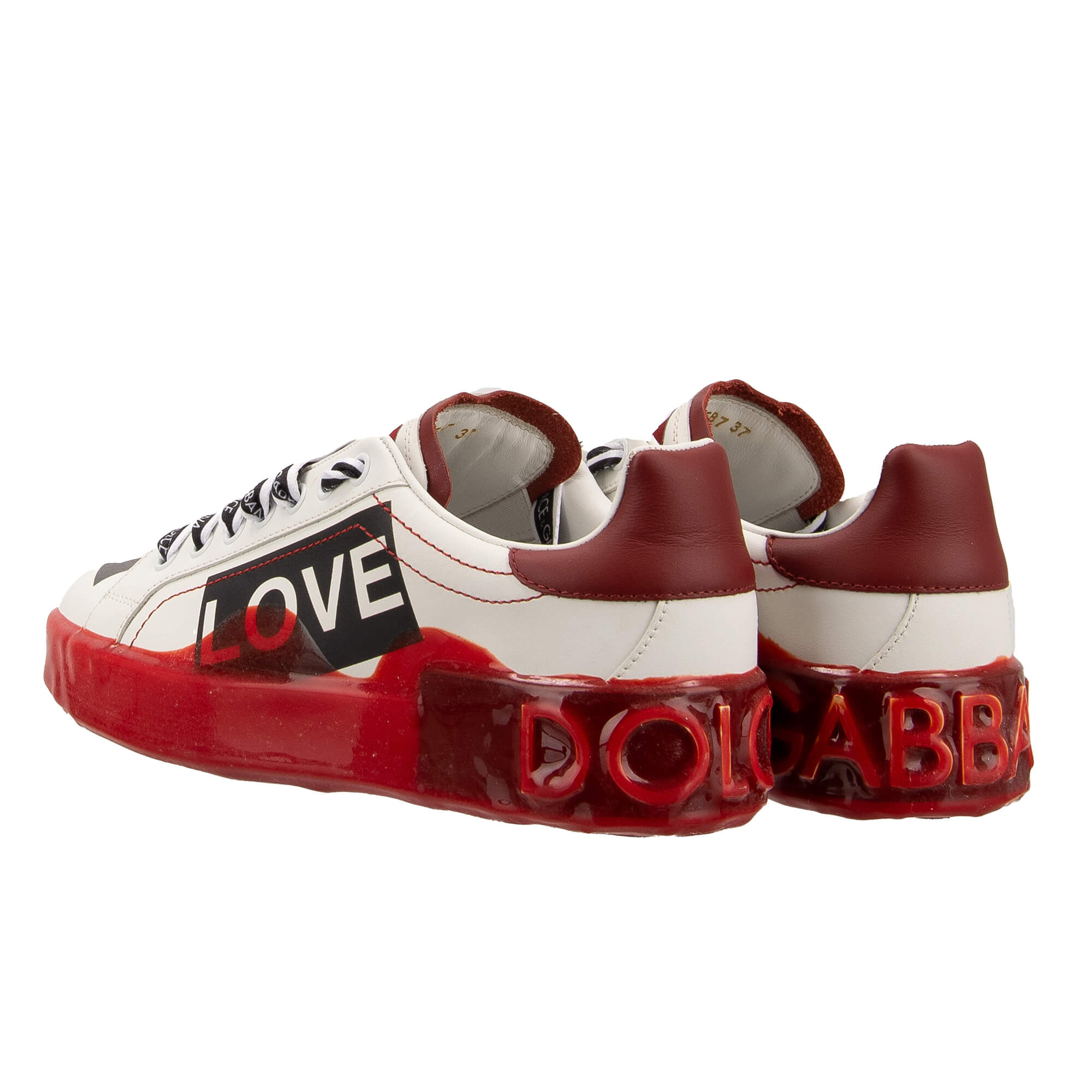 Lace Sneaker PORTOFINO with DG logo and LOVE IS LOVE print in white and red by DOLCE & GABBANA