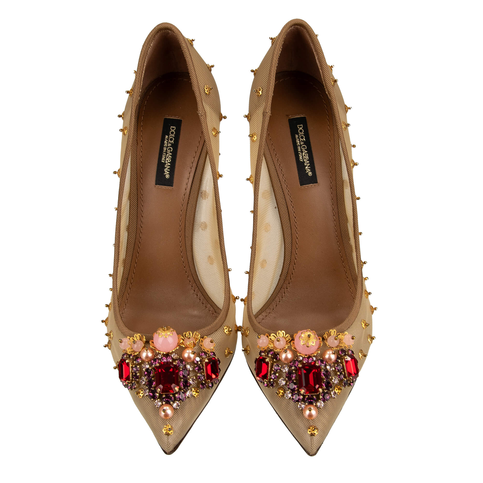 Pointed Plastic Lace Pumps LORI with scrystal and brass elements embroidery in beige, red, pink and gold by DOLCE & GABBANA