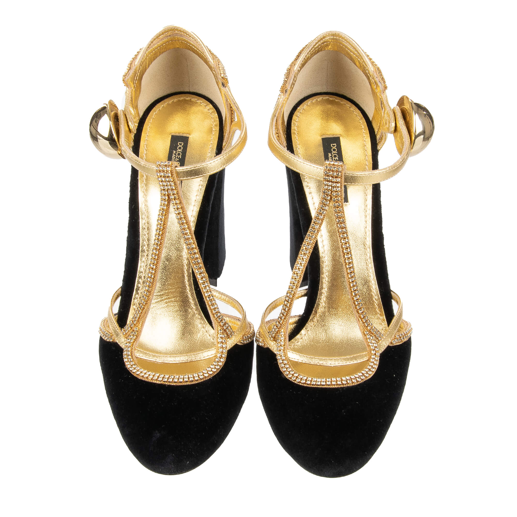 Mary Jane Pumps VALLY aus Samt in Schwarz mit elastischer Schnalle und Kristallen Riemchen aus Leder in Gold von DOLCE & GABBANA