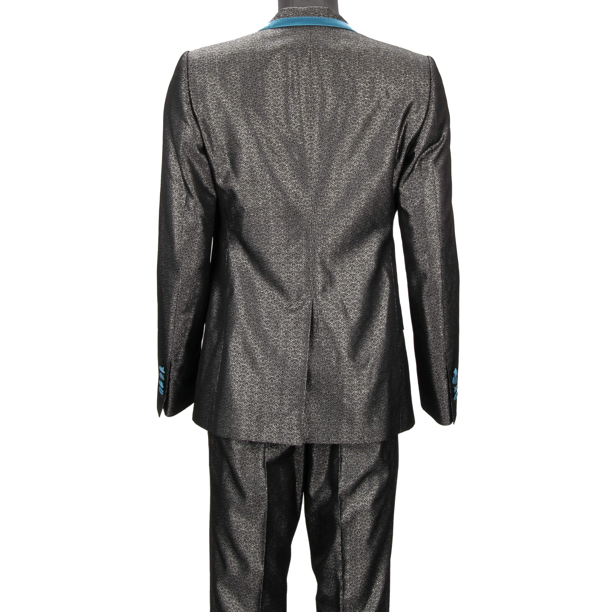 Metallic jacquard double-breasted suit with contrast peak lapel in silver, black and blue by DOLCE & GABBANA 