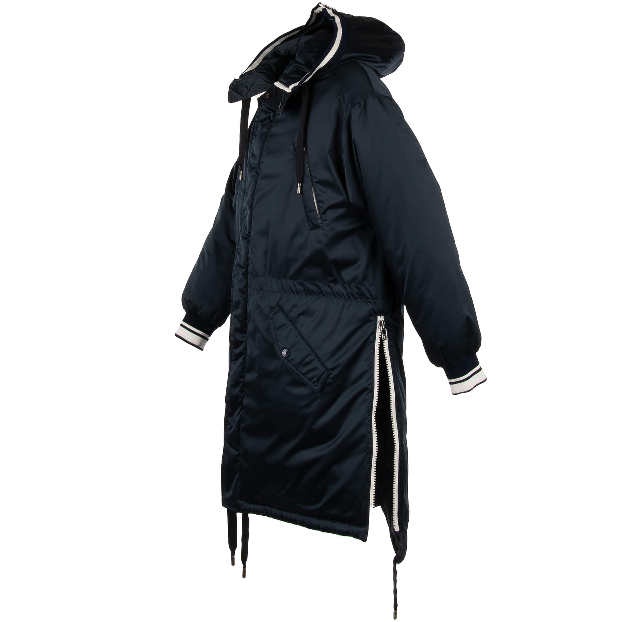Lange, gefütterte Parka Jacke mit Kapuze, Außentachen, großem DG Logo und Krone Print am Rücken und Strick-Details von DOLCE & GABBANA