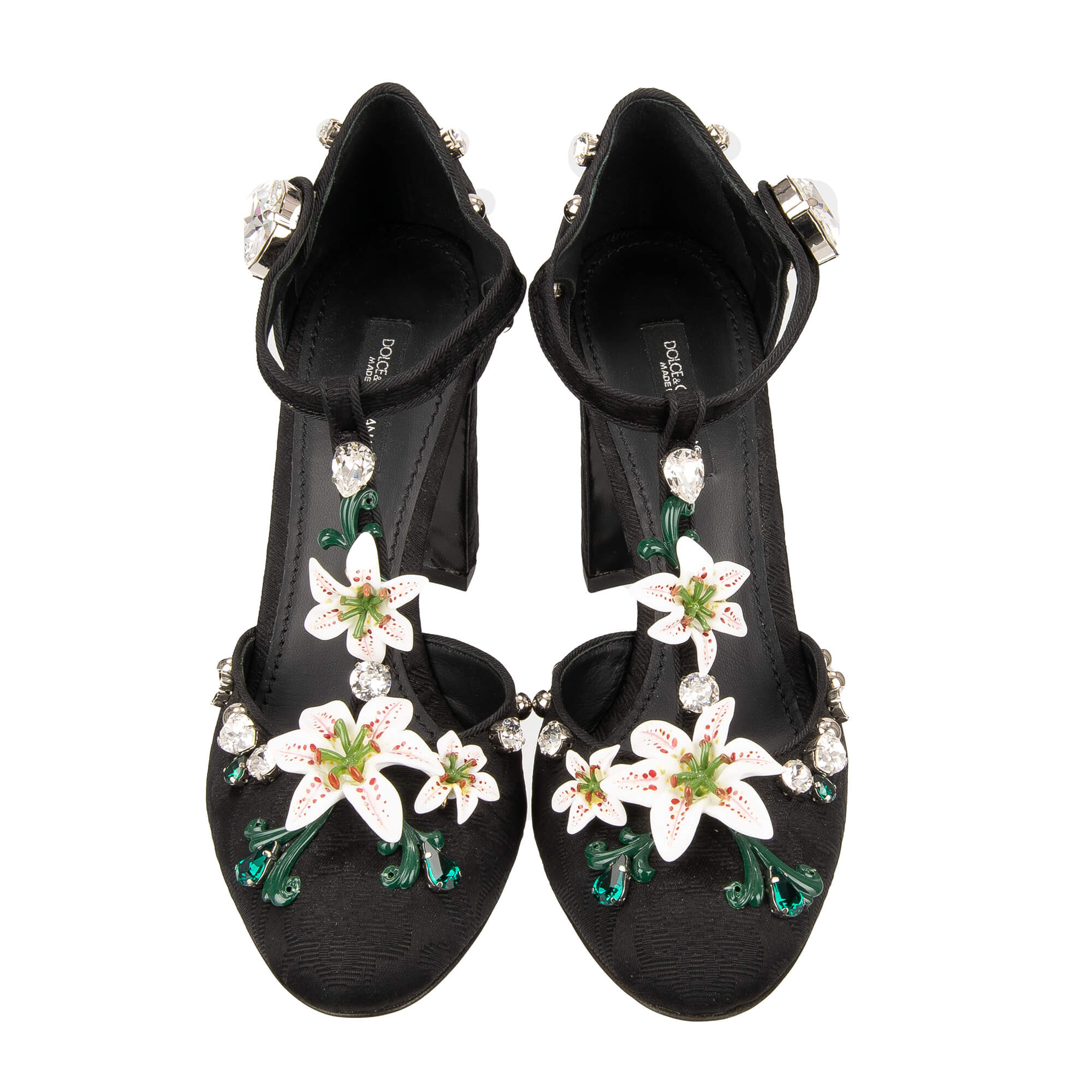 Brocade Ankle Strap Pumps VALLY in pink with hand painted lily flowers, crystals and pearls in black by DOLCE & GABBANA