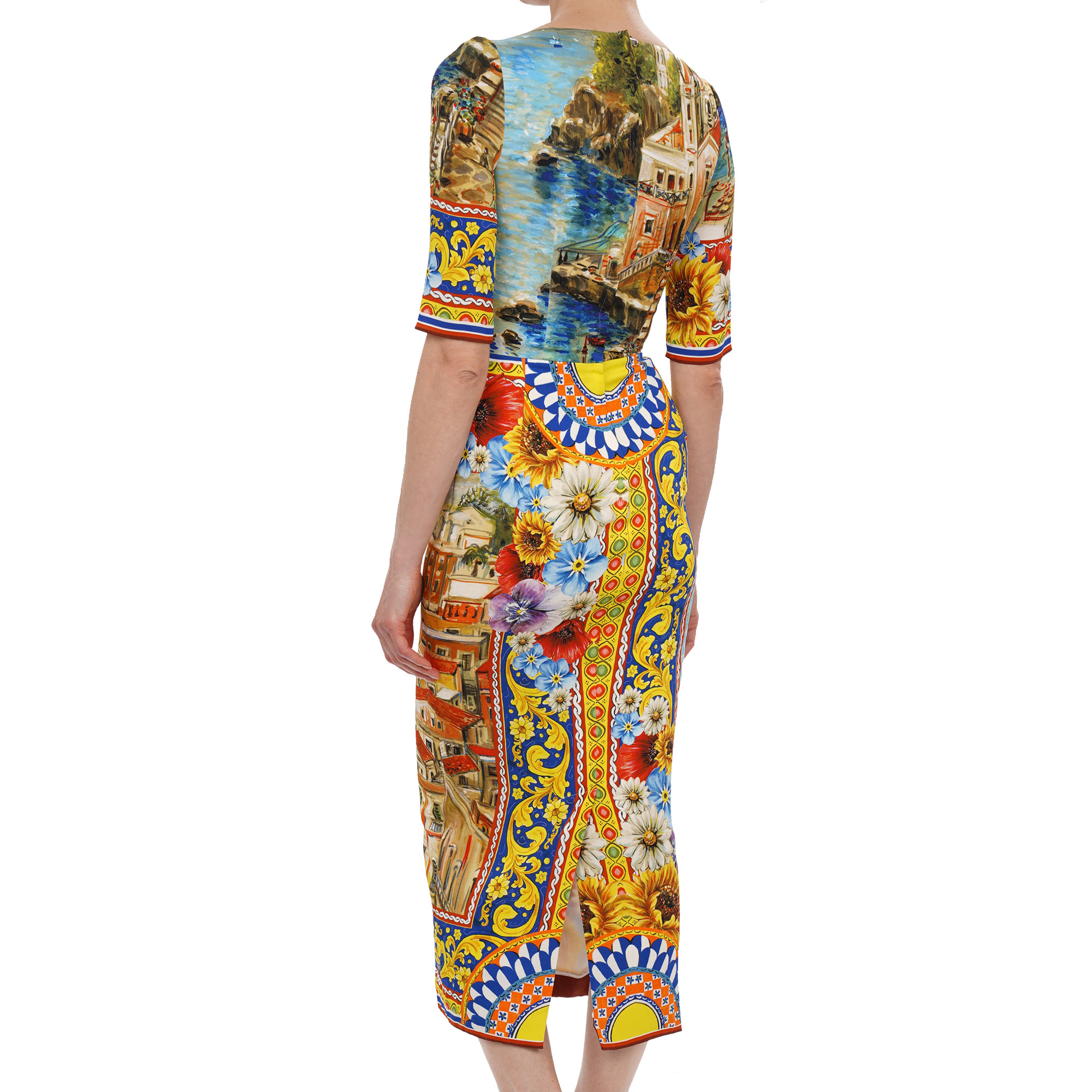 Sorrento Carretto Print Kleid aus Seide mit Pailletten Stickerei in Rot, Blau und Gelb von DOLCE & GABBANA 