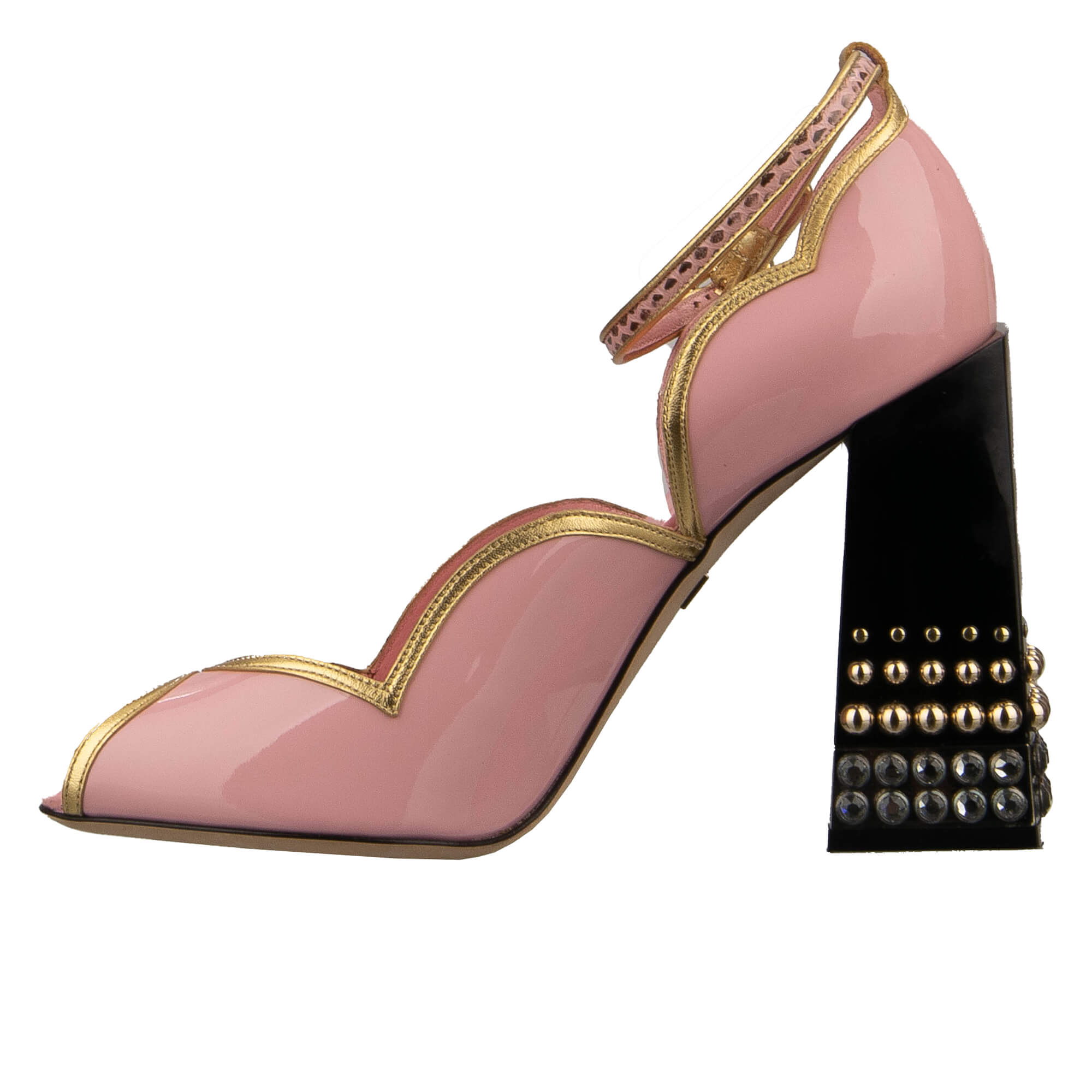 Patent Leather High Heel Sandals BETTE with crystal, pearl embellished heel and snake strap closure by DOLCE & GABBANA