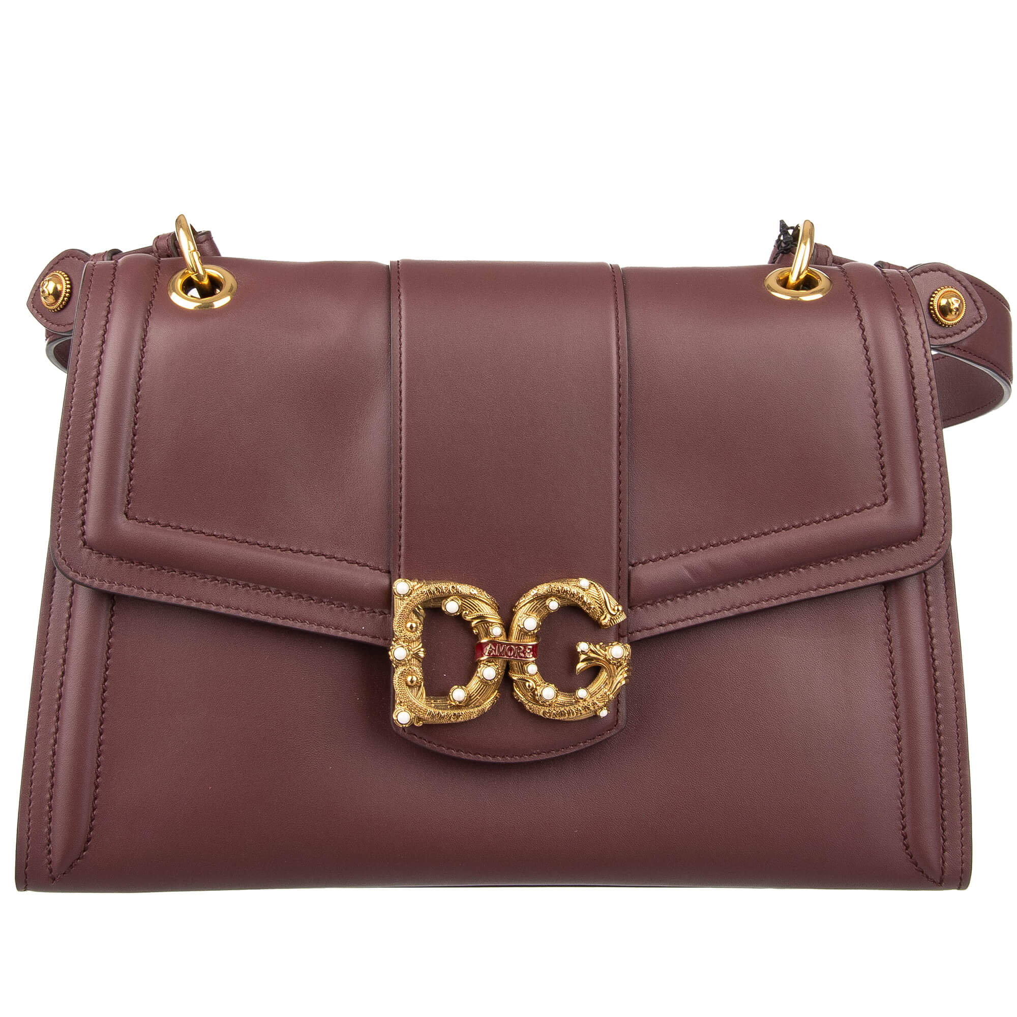 Leather Shoulder Bag DG AMORE with Pearls Logo Wine Red | 09711