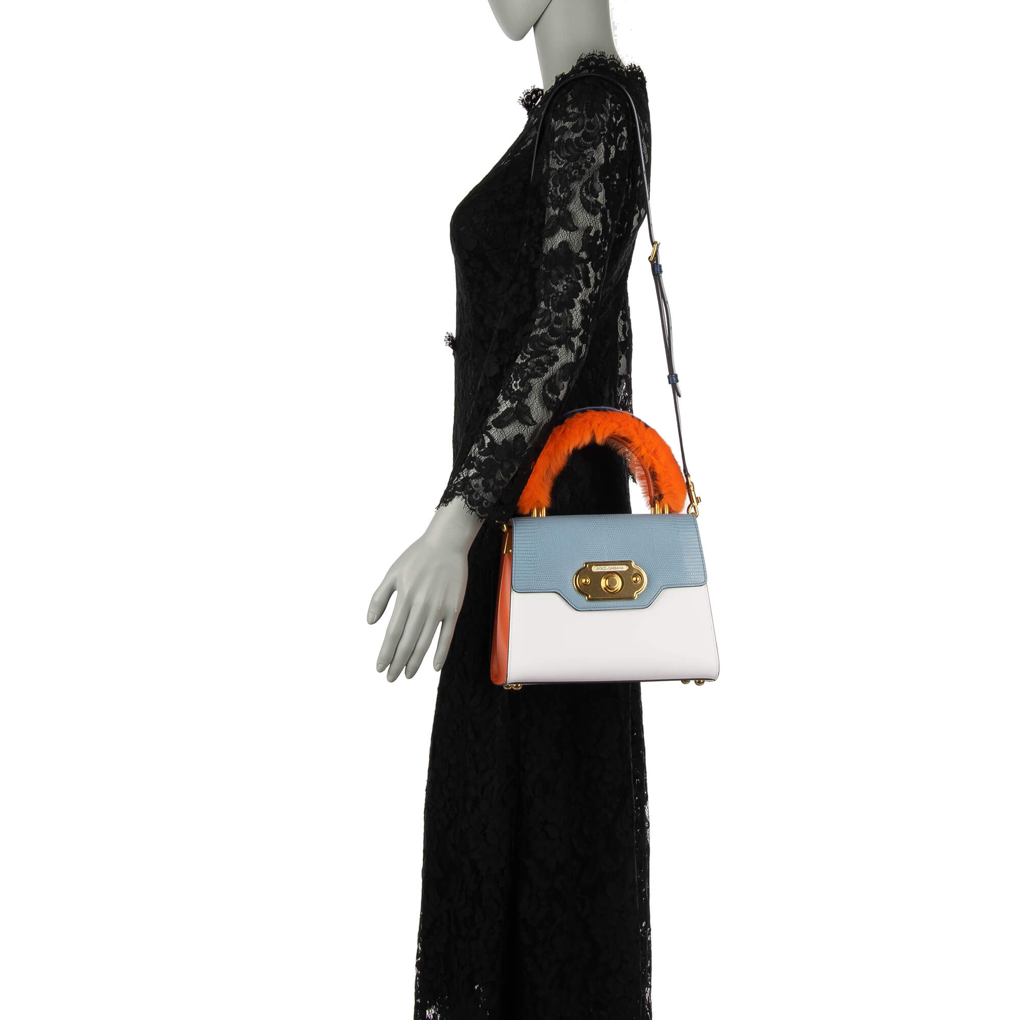 Handtasche / Schultertasche WELCOME aus Leder mit Eidechse Print, doppeltem Griff, Pelz Griff und Klingel Verschluss von DOLCE & GABBANA