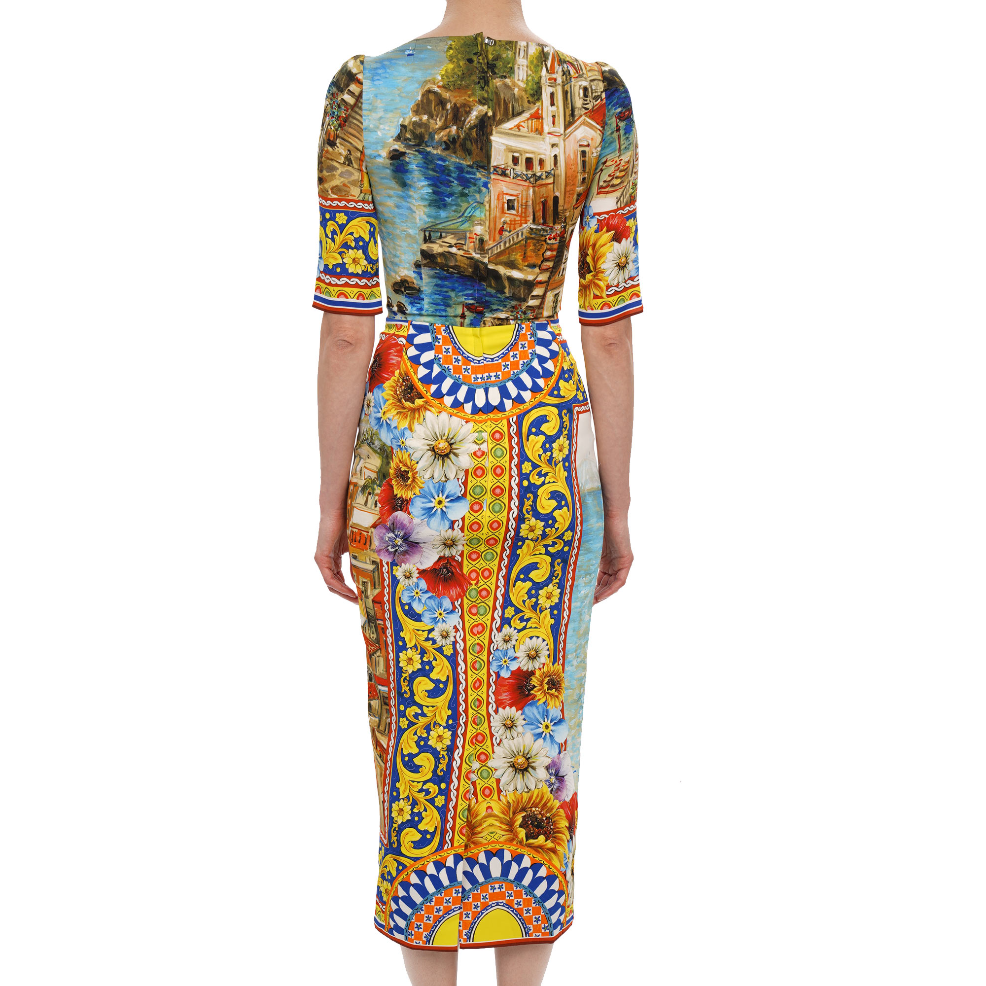 Sorrento Carretto Print Kleid aus Seide mit Pailletten Stickerei in Rot, Blau und Gelb von DOLCE & GABBANA 
