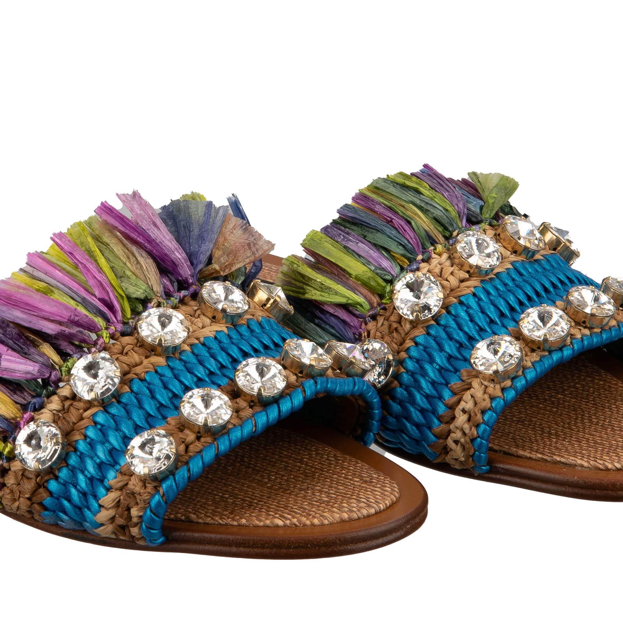 Slide Sandalen aus Raffia und Leder mit Kristallen von DOLCE & GABBANA