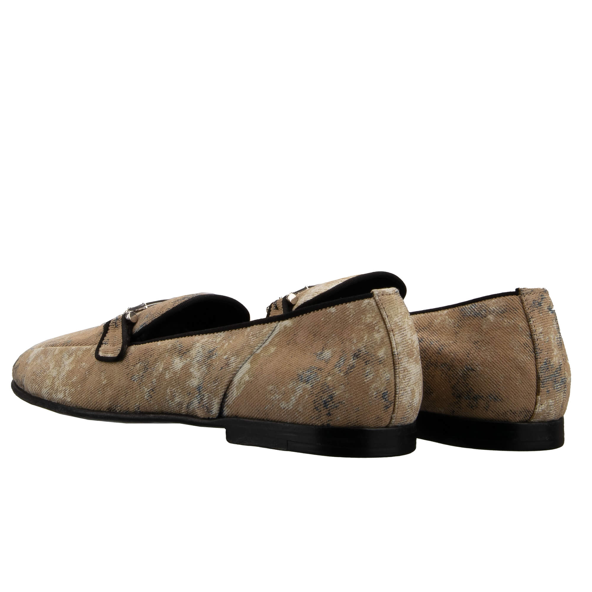 One of a kind coated effect denim fabric moccasins shoes ERICE with DG Metal Logo Plate in beige by DOLCE & GABBANA