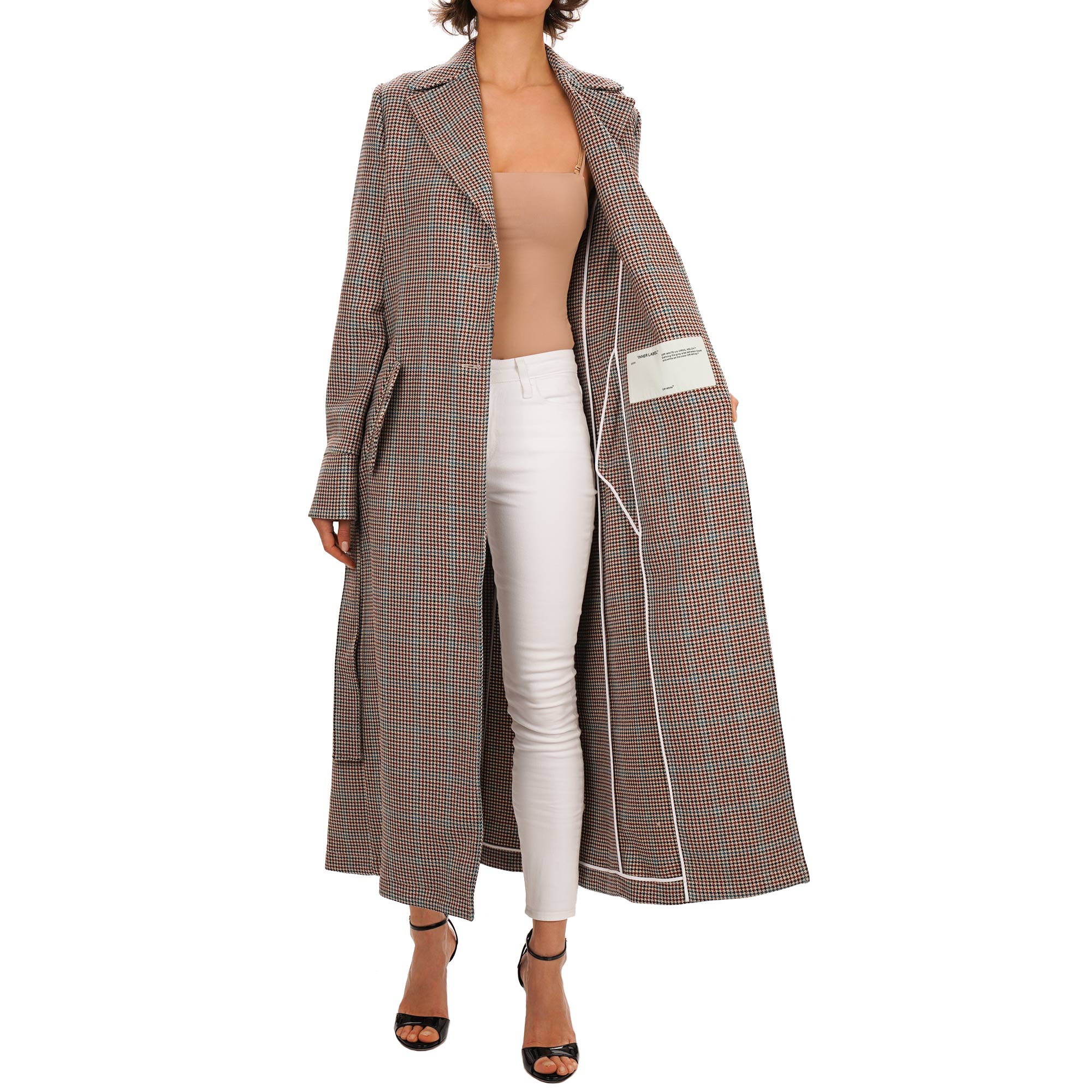 Schurwolle Hahnetritt Trench Mantel mit White Swan Kunstleder Patch und Gürtel in beige von OFF-WHITE c/o Virgil Abloh