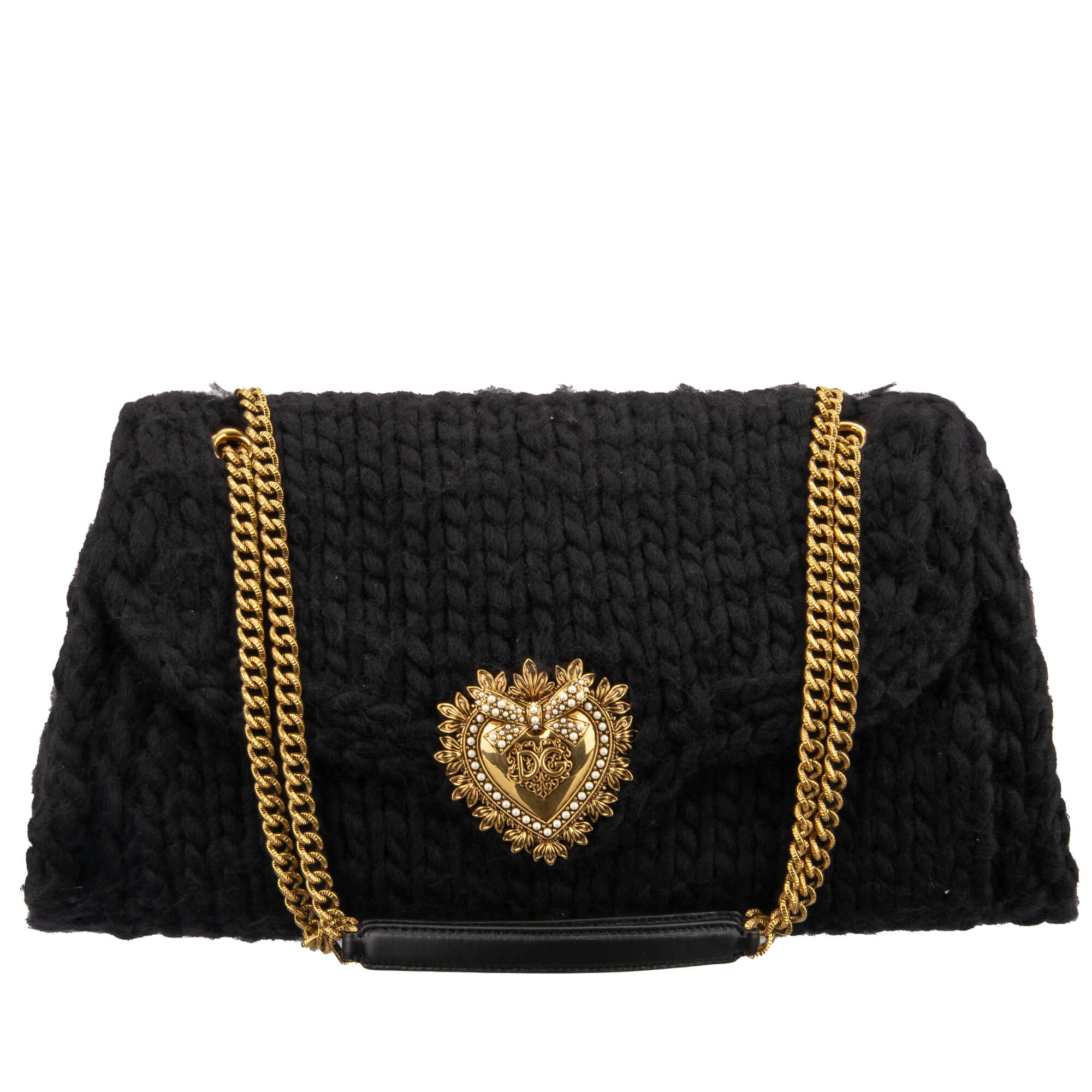 DG Logo Pearl Heart Knitted Wool Shoulder Bag DEVOTION Large Black