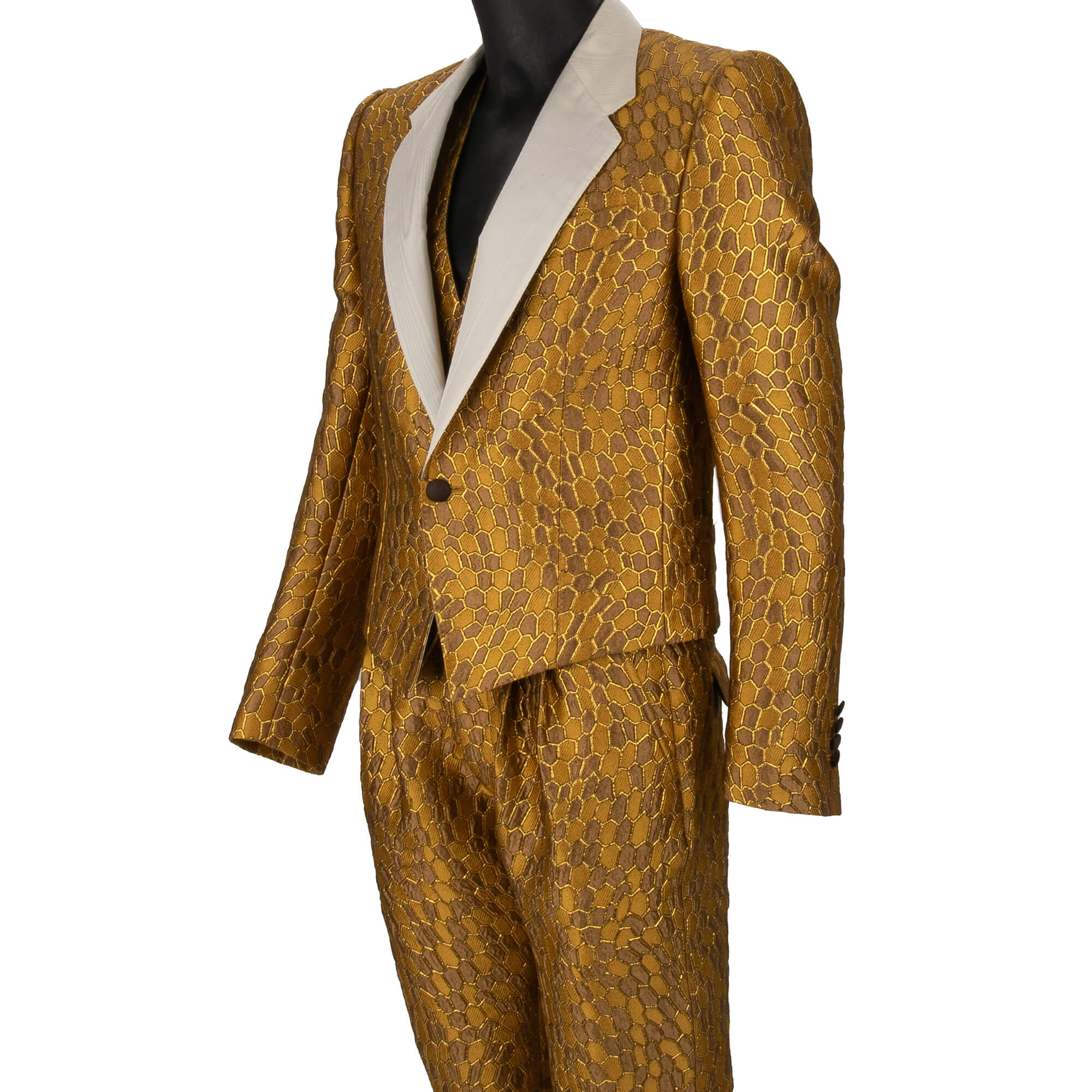 3-Teile Anzug aus Jacquard mit gekürztem Blazer und fallendem Revers in Gold und Weiß von DOLCE & GABBANA 