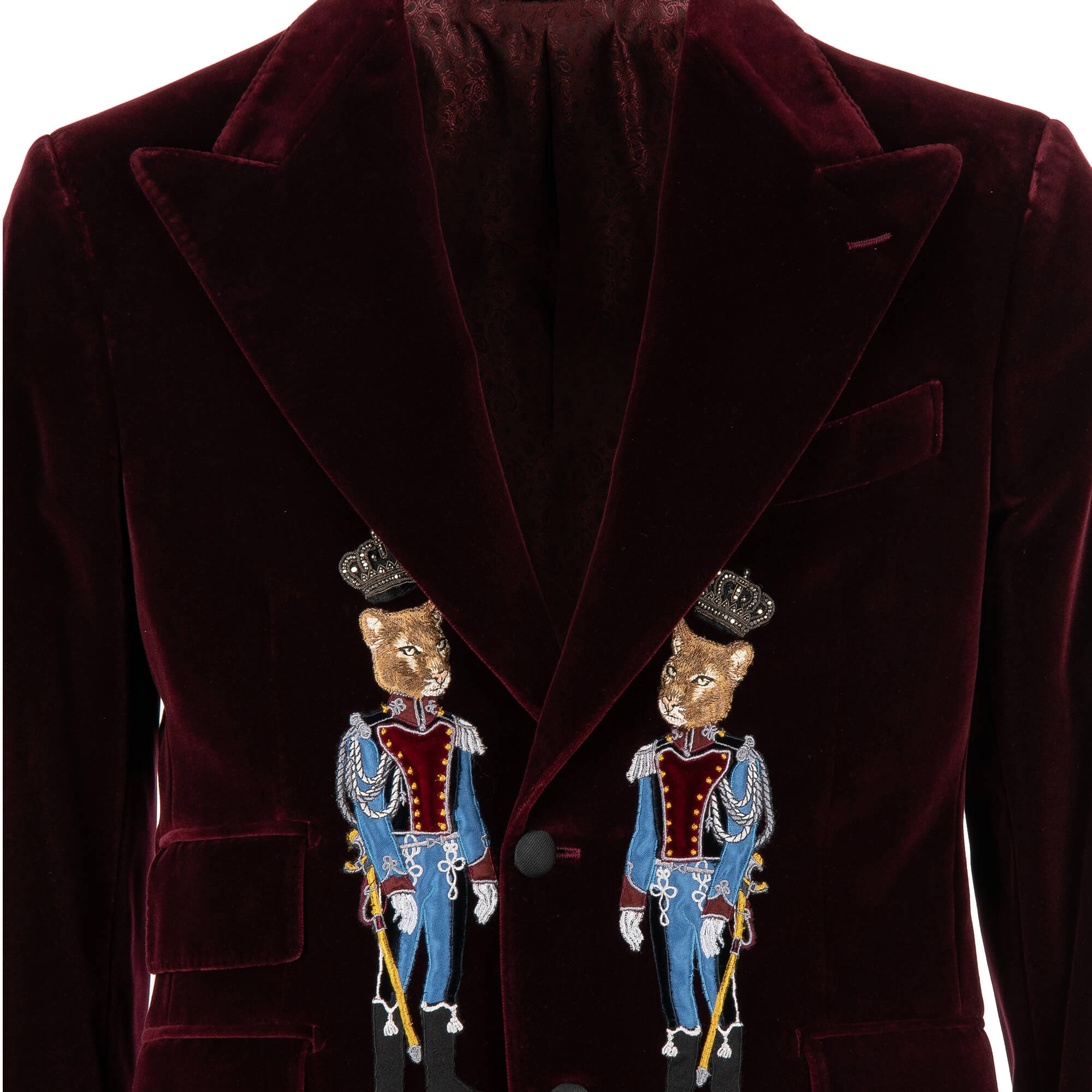 Blazer aus Samt mit spitzem Kragen, und Perlen, Kronen, Fuchs Stickerei in Bordeaux von DOLCE & GABBANA