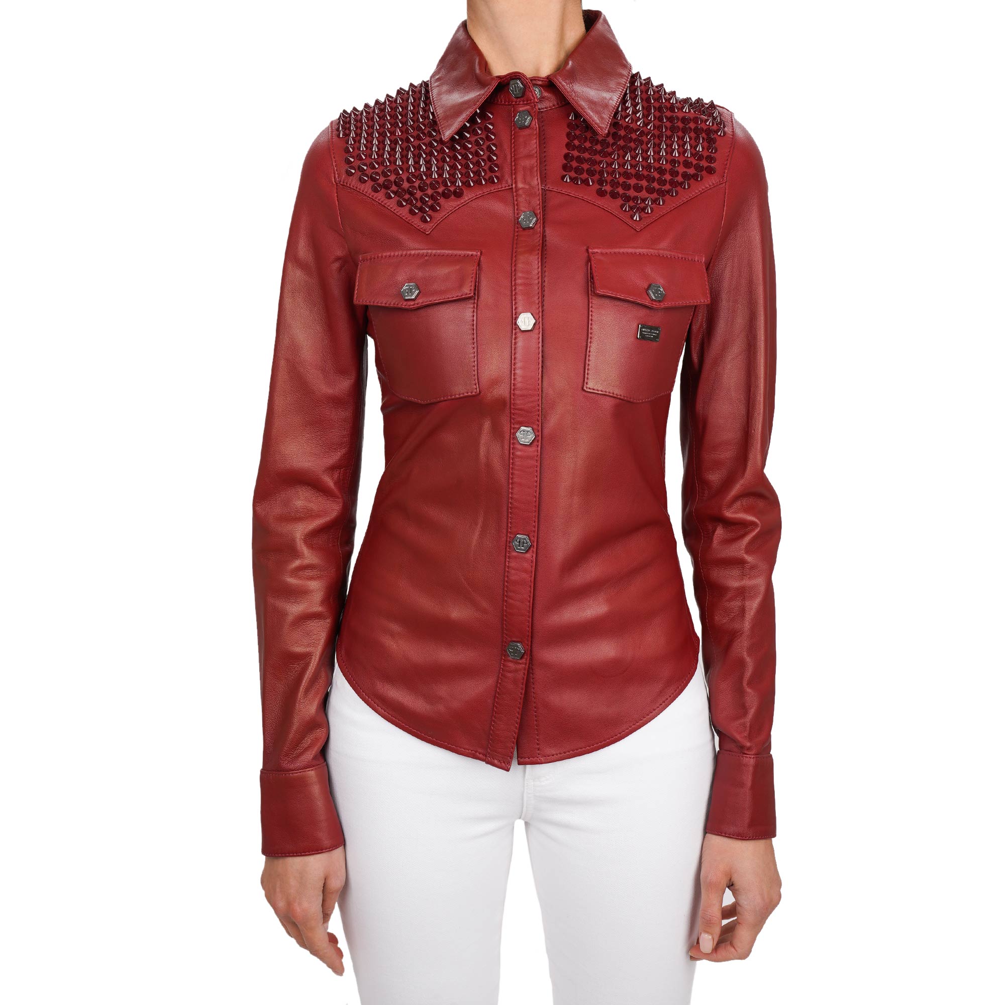 COUTURE Studded Leather Shirt Jacket BE REAL Bordeaux S