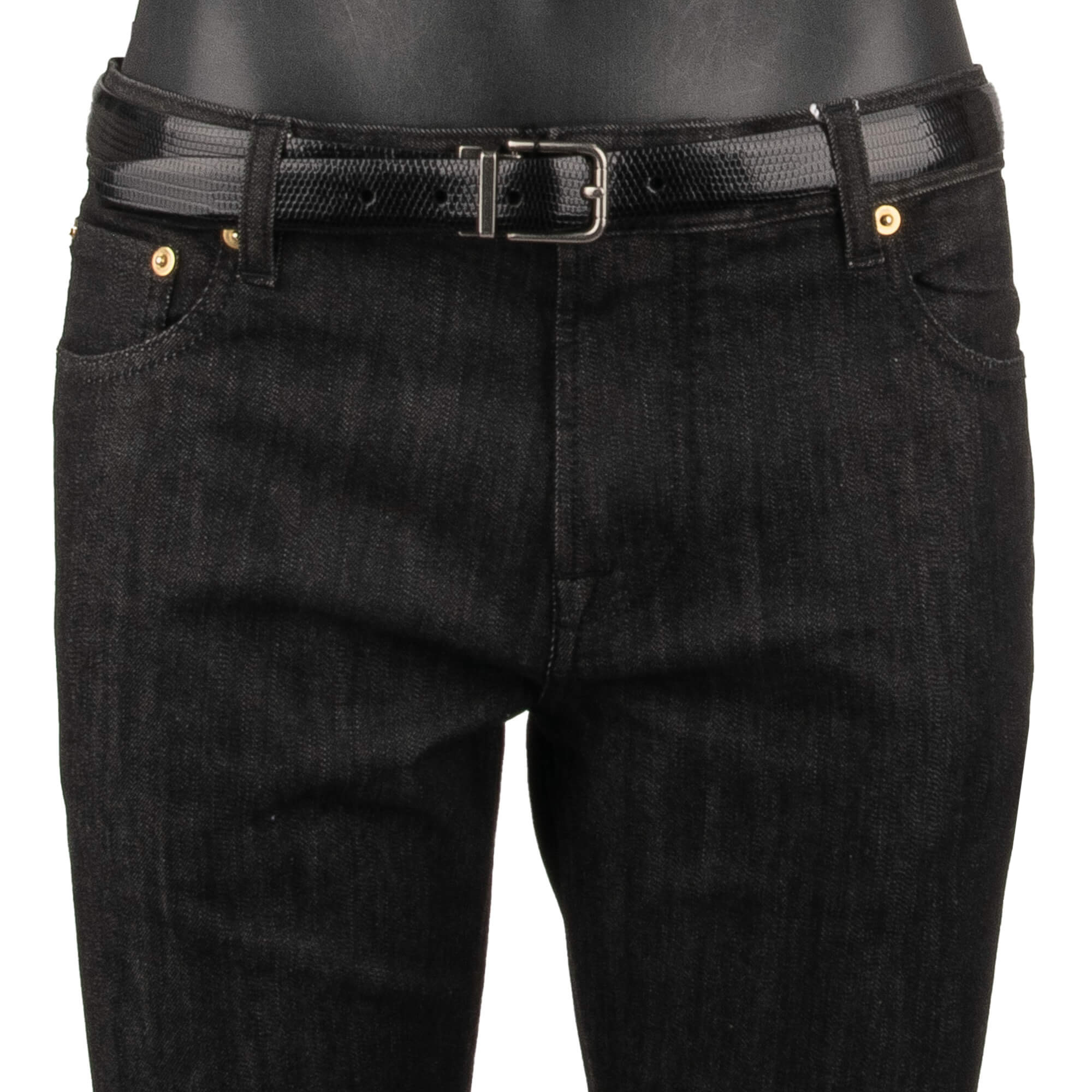 Lizard leather belt with antique silver metal buckle in black by DOLCE & GABBANA