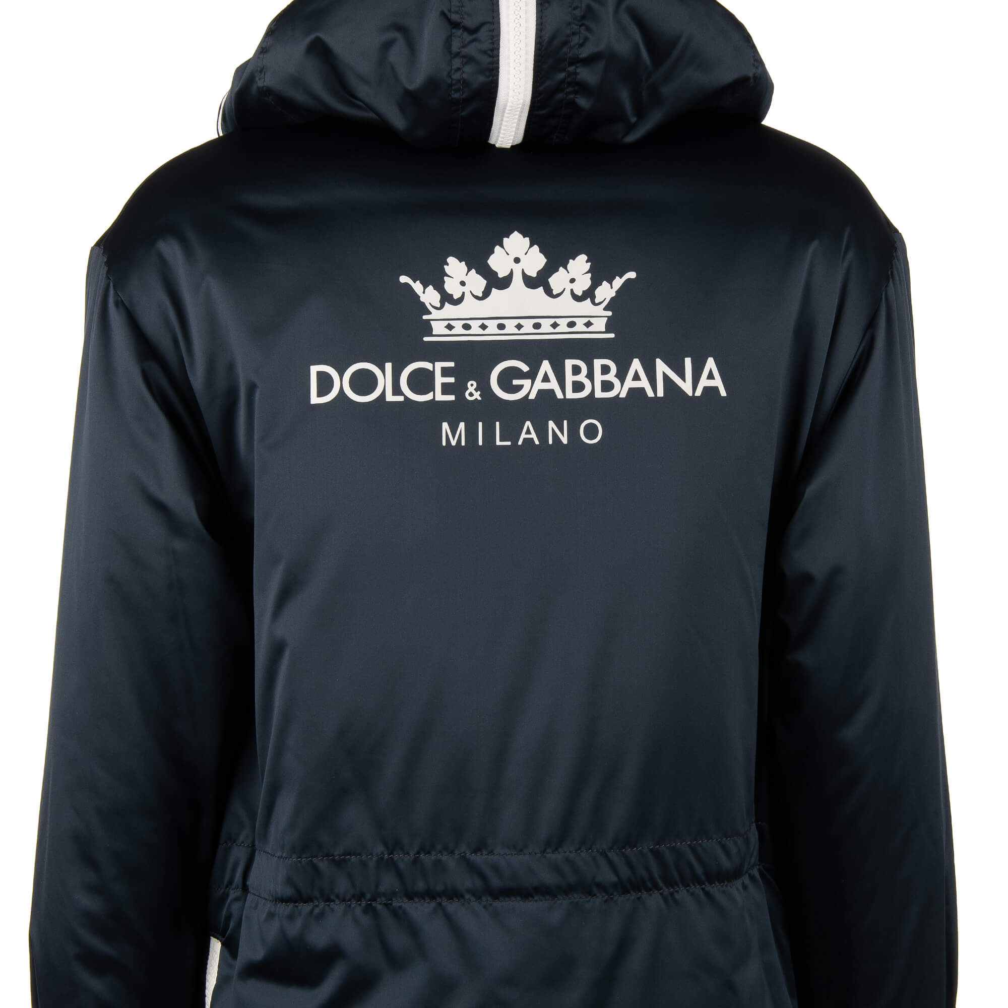 Lange, gefütterte Parka Jacke mit Kapuze, Außentachen, großem DG Logo und Krone Print am Rücken und Strick-Details von DOLCE & GABBANA