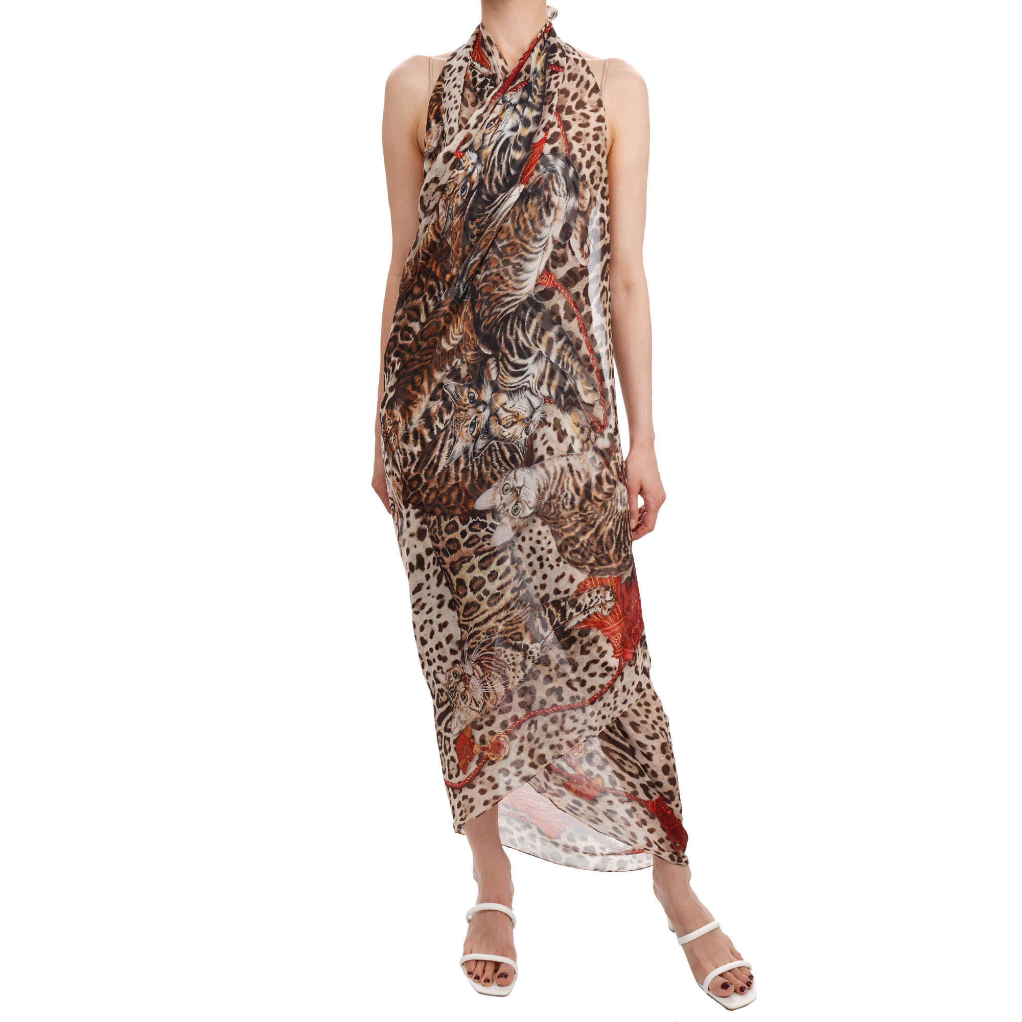 Leopard Katze Print Großer Seide Schal Foulard Braun Rot