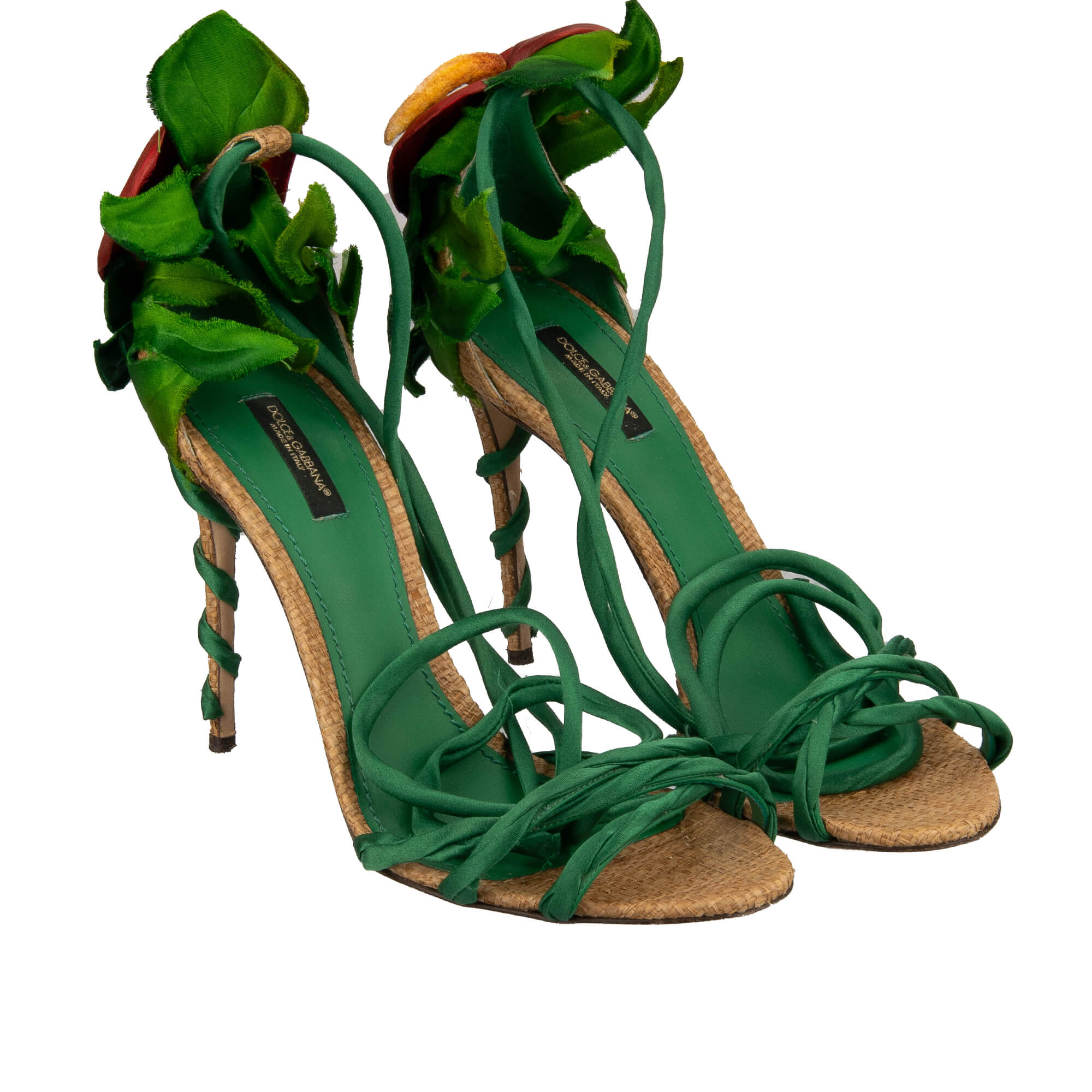 Leder, Seide und Raffia Pumps Sandalen KEIRA mit Hand-bemahlter Flamingo Blume und Riemchen von DOLCE & GABBANA