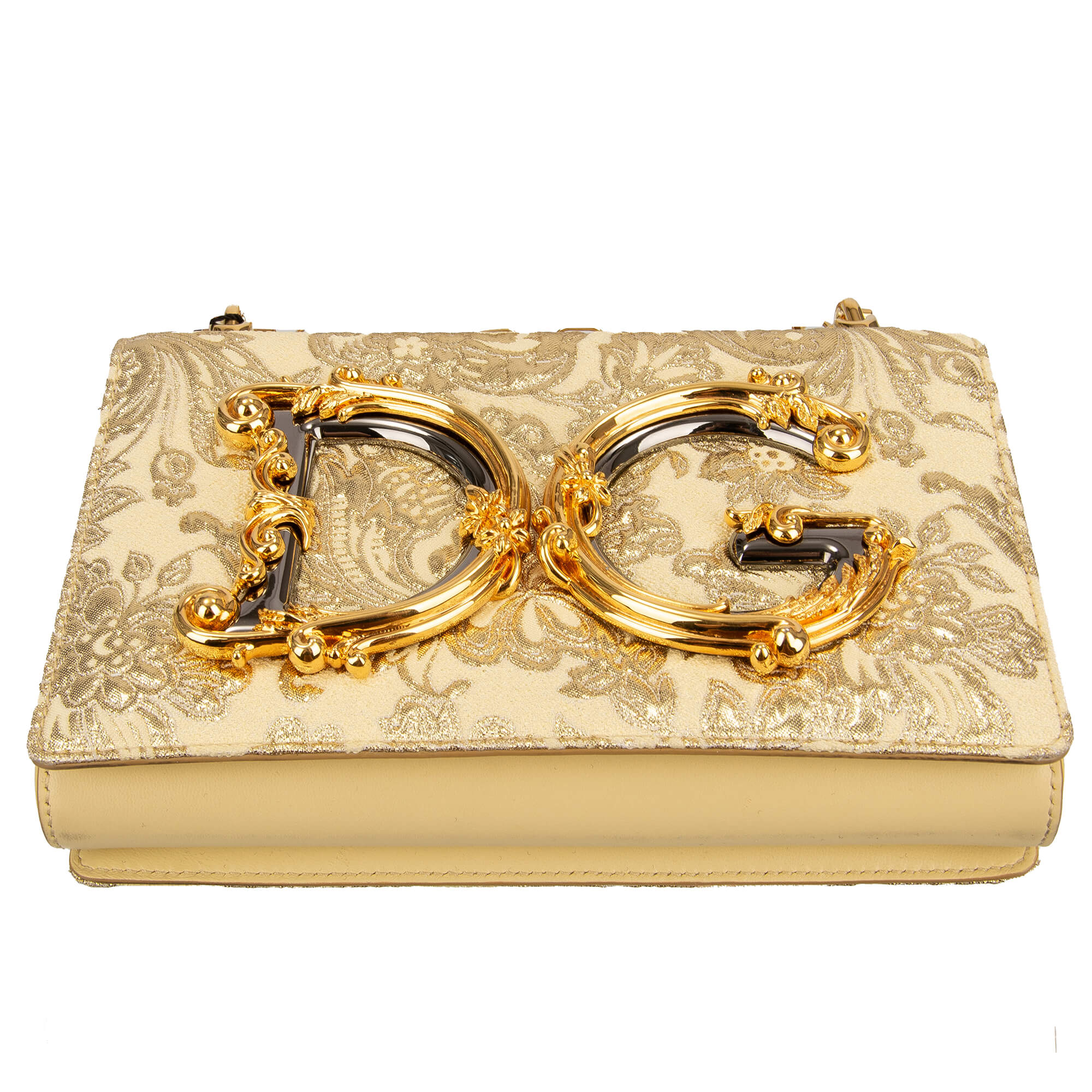 Clutch / Crossbody Bag DG GIRLS Medium made of gold brocade and nappa leather with a large enameled baroque style DG Logo and vintage chain strap by DOLCE & GABBANA