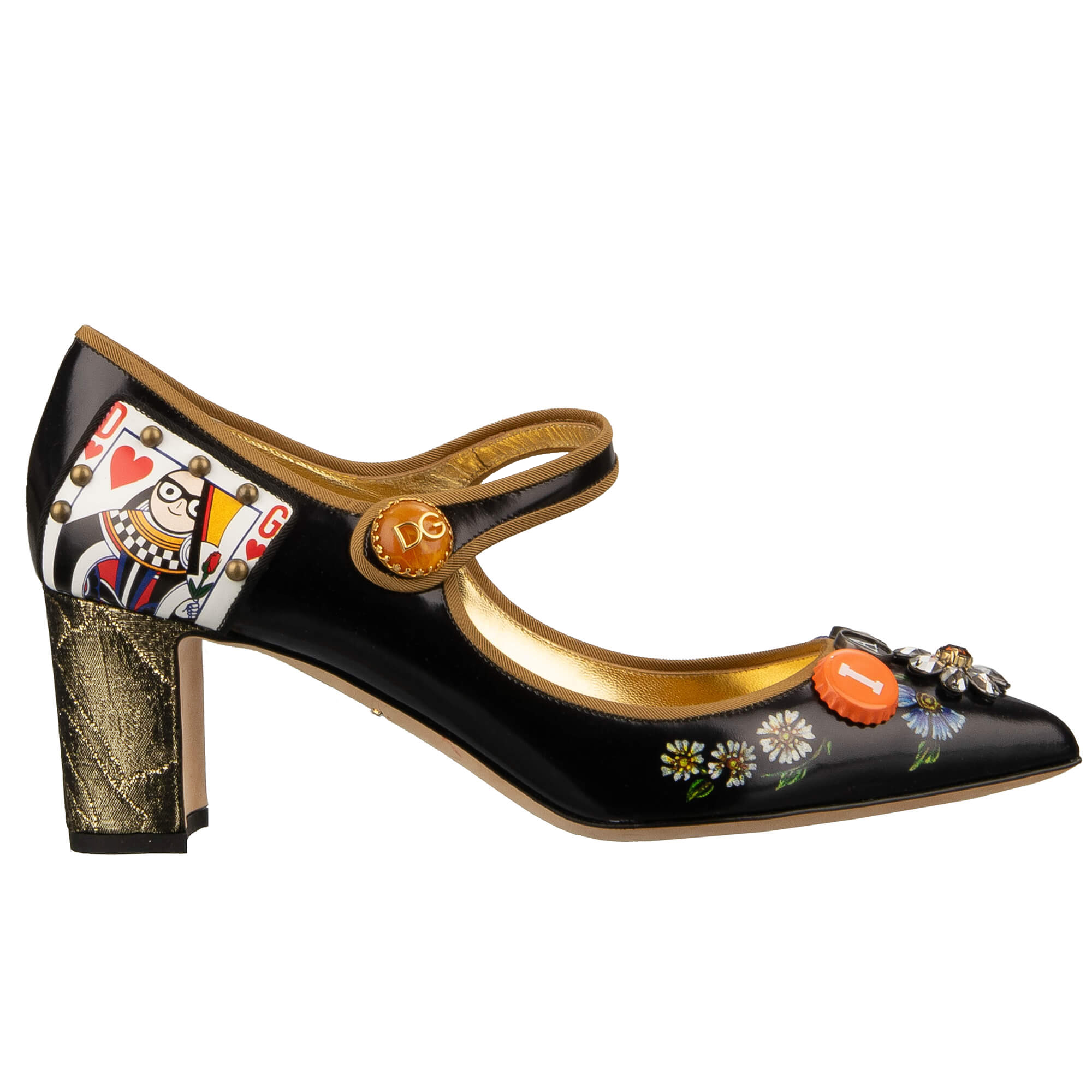 Leder Mary Jane Pumps mit I AM IN LOVE Brosche, Jacquard Absatz und Kristallen Blume von DOLCE & GABBANA