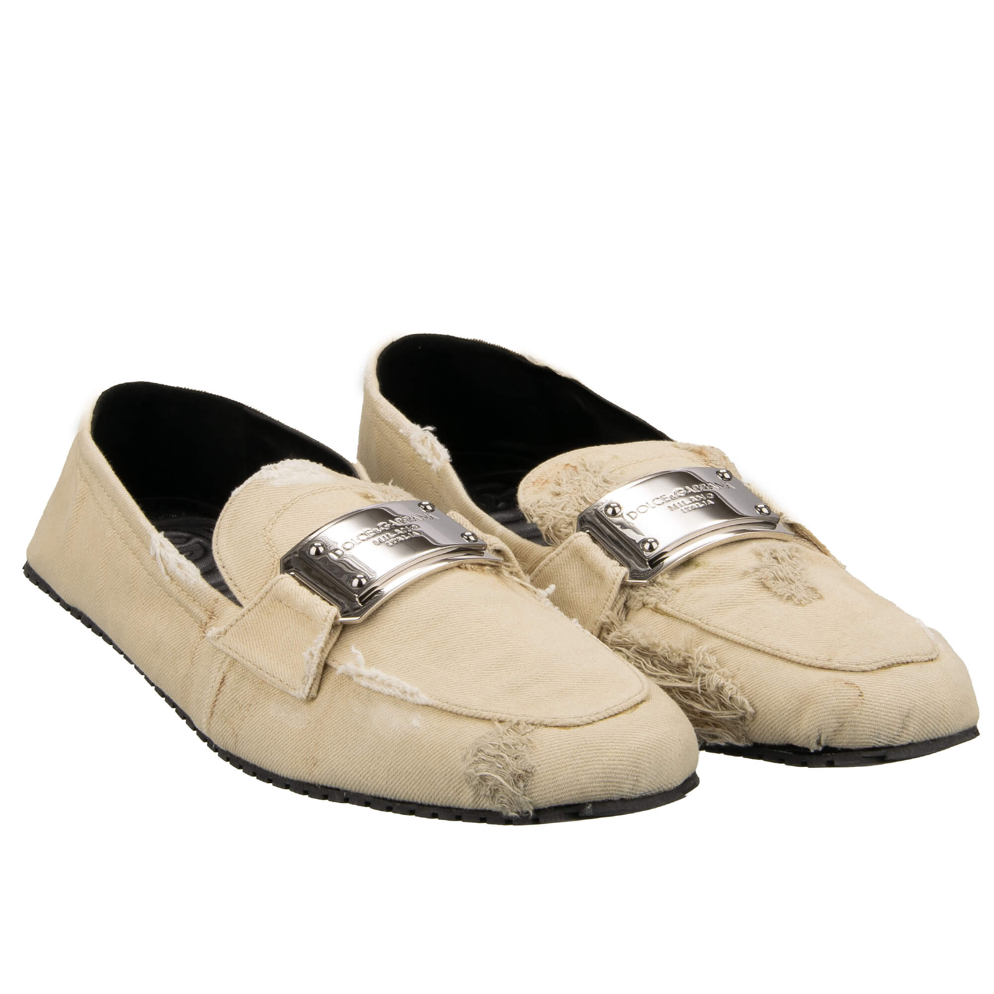 DG Metal Silver Logo Denim Moccasins Shoes Beige 45 UK 11 US 12