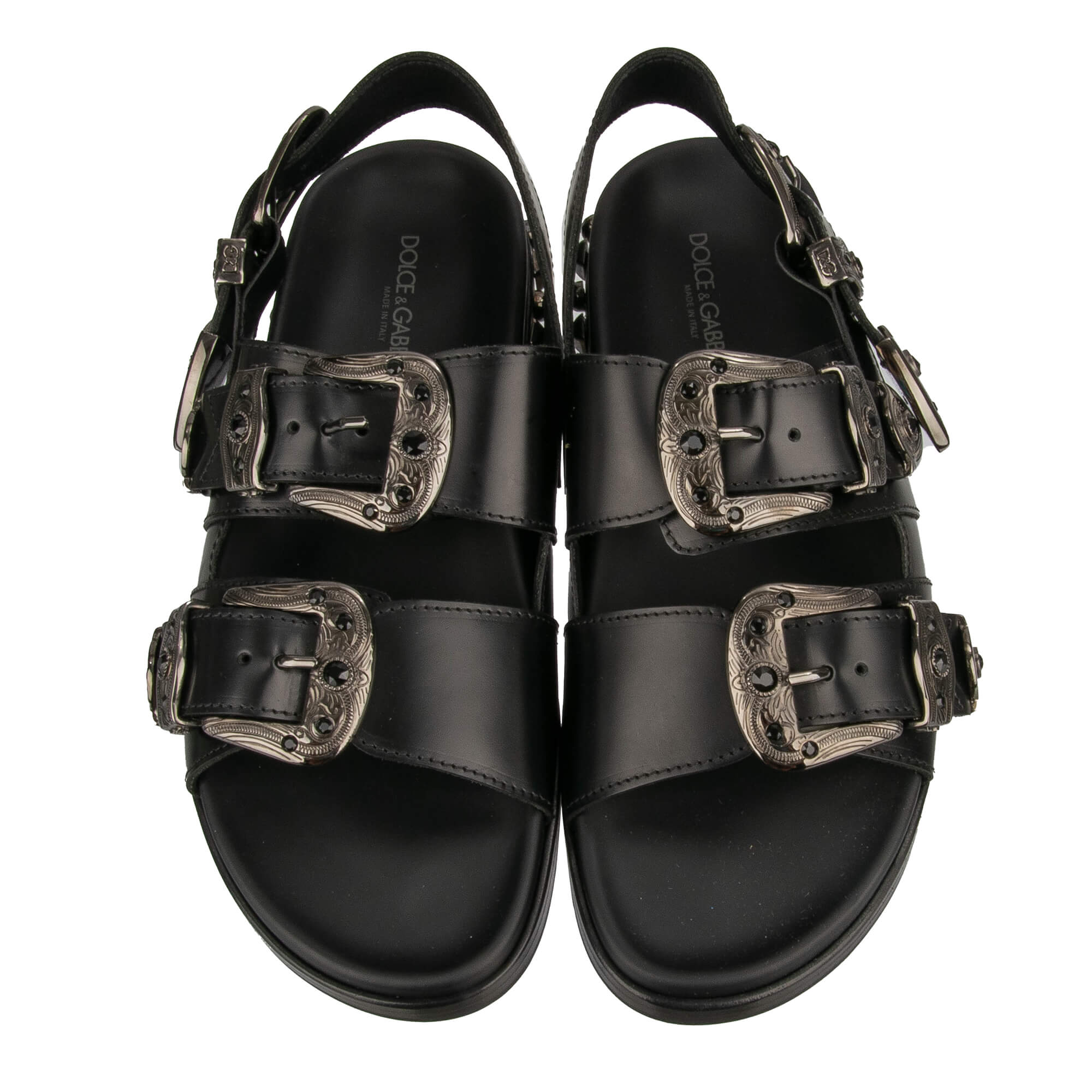 Studded leather Slides Sandals Shoes HAWAII with buckles embellished with crystals and DG logo in black by DOLCE & GABBANA 