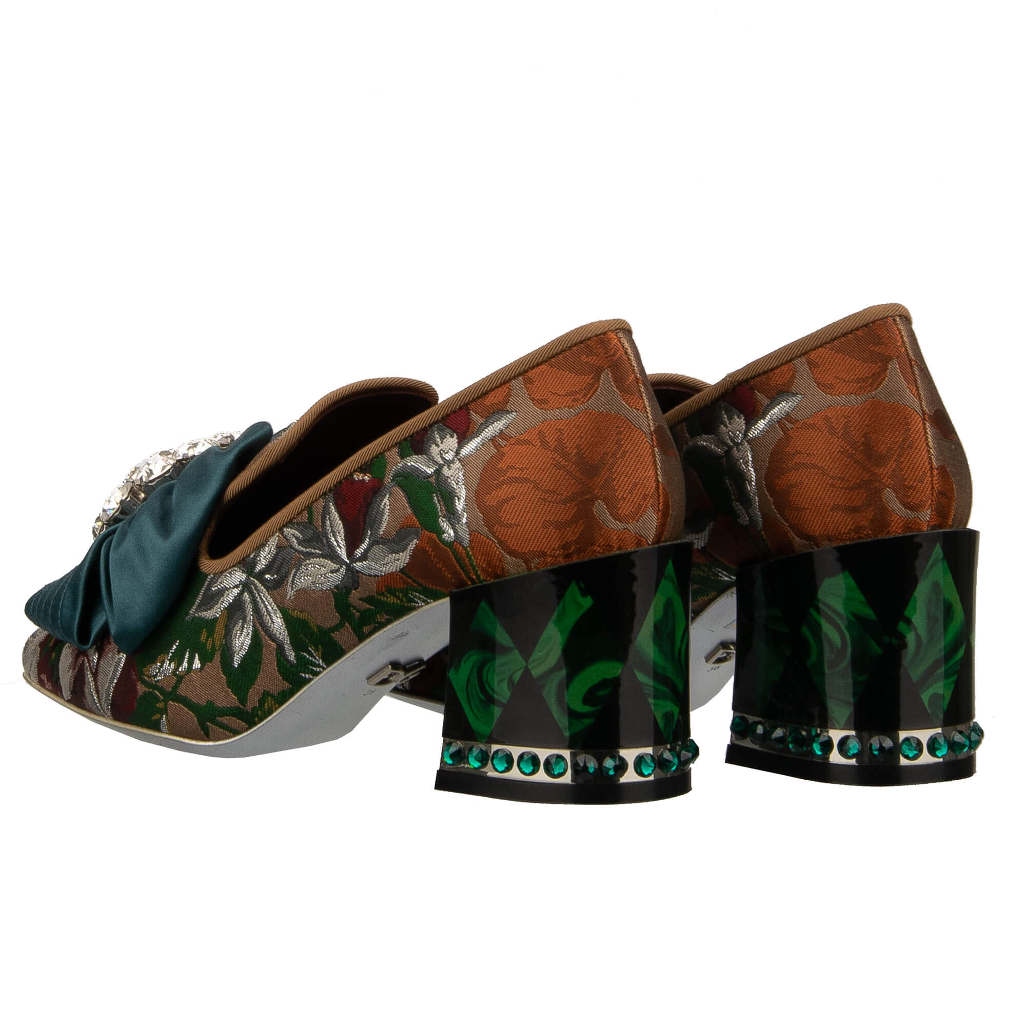 Barock Brokat Pumps JACKIE mit Schleifen Kristallen Brosche in Grün und Braun von DOLCE & GABBANA