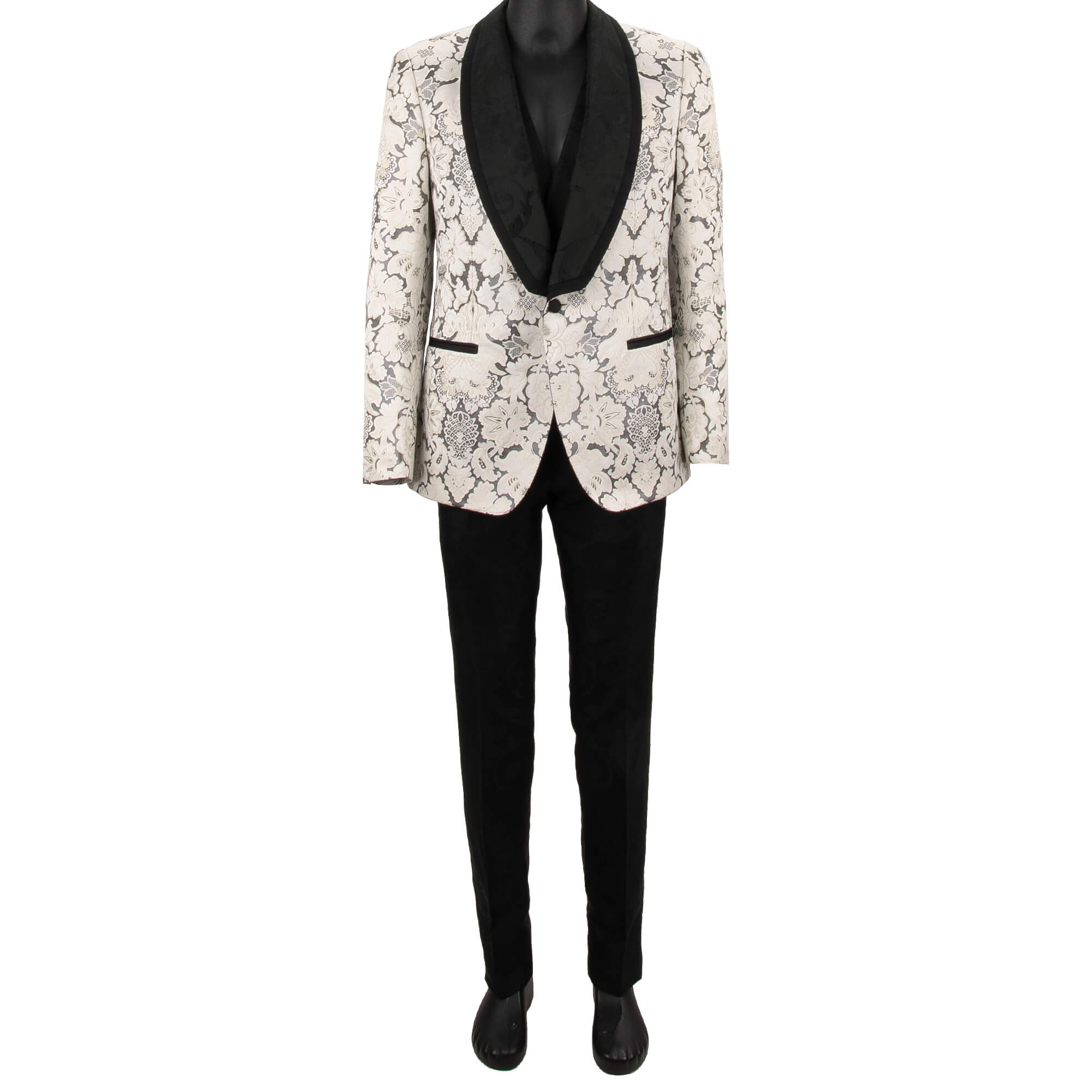 Baroque jacquard 3 piece suit, jacket, waistcoat, pants with shawl lapel in white and black by DOLCE & GABBANA 
